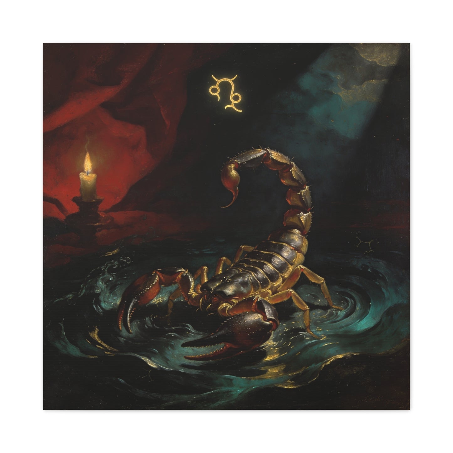 Scorpion Zodiac Canvas Wall Decor - Candlelit Astrology Painting, Dark Vintage Gothic Print - Matte Cotton Canvas, Mysterious Maximalist Style - Bedroom Decoration, Study Accent - Office Wall Art