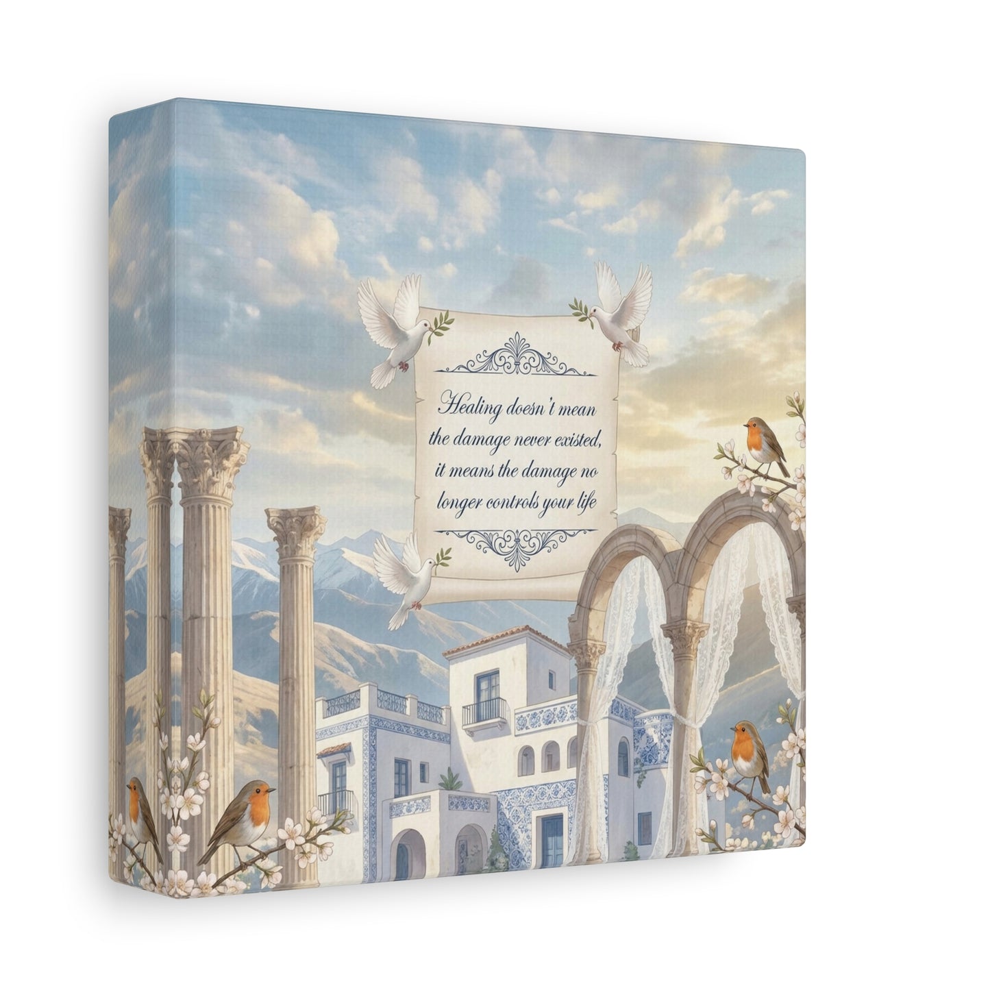 "The Damage No Longer Controls Your Life" Inspirational Canvas Wall Art - Doves, Robins, Classical Arches, Mountain Villa Quote Print - Matte Finish Canvas - Bedroom Home Decoration, Meditation Space
