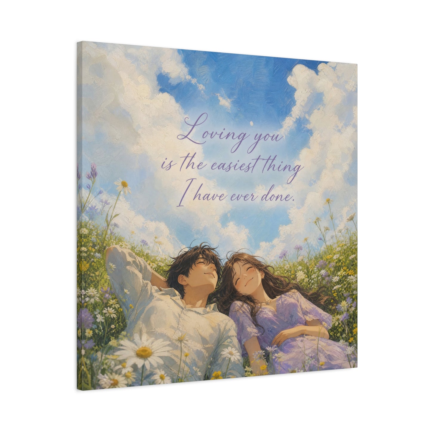 "Loving You Is The Easiest Thing I Have Ever Done." Canvas Wall Art - Romantic Couple In Wildflower Meadow Sky Quote Print - Dreamy Pastel Illustration - Ready to Hang - Living Room Wall Decor