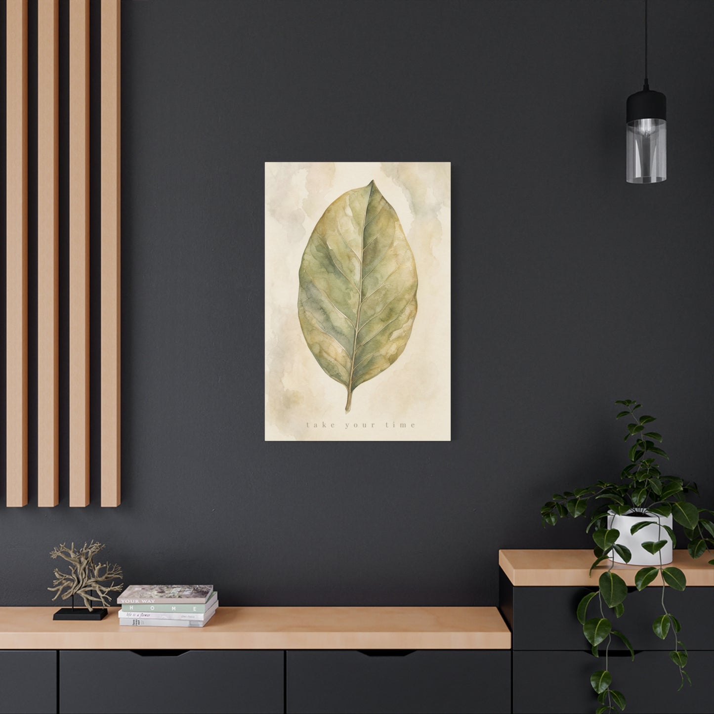 "Take Your Time" Botanical Leaf Canvas Wall Art - Watercolor Sage Green Nature Print - Minimalist Contemporary Decor - Bedroom Living Room Wall Decor - Calming Home Decoration - Modern Farmhouse Style