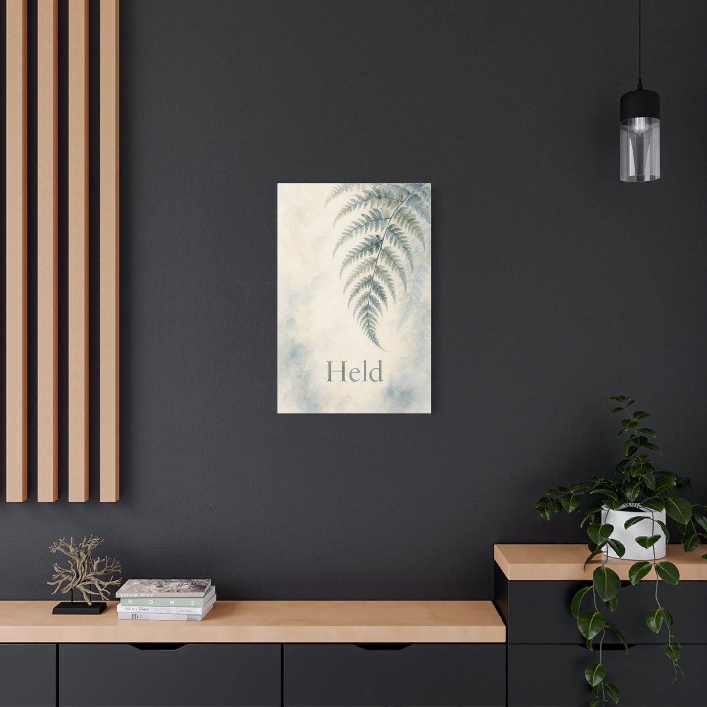 "Held" Fern Botanical Canvas Wall Art - Watercolor Leaf Print, Calming Bedroom Wall Decor, Minimalist Blue Green Nature Home Decoration, Meditation Space Accent - Ready to Hang - Cozy Reading Nook Art