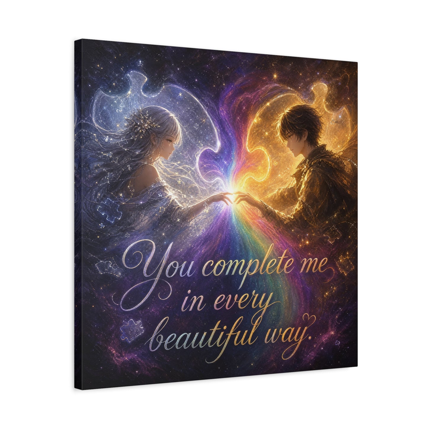 "You Complete Me In Every Beautiful Way" Romantic Couple Canvas Wall Art - Celestial Puzzle Soulmate Quote Print, Fantasy Love Decor - Bedroom Wall Hanging - Ready to Hang - Bedroom Home Decoration