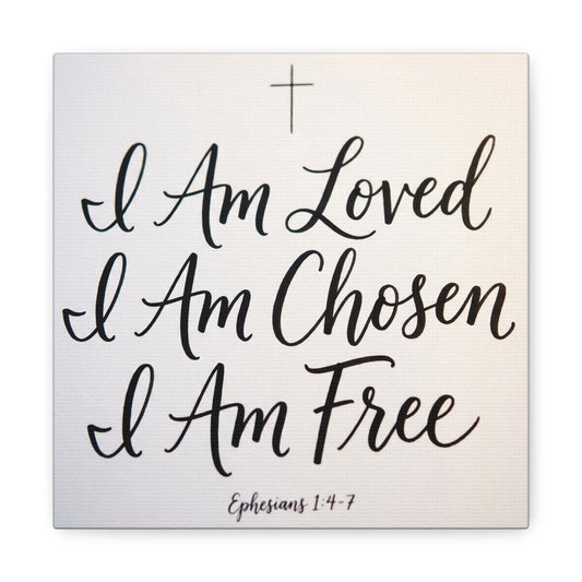 "I Am Loved, Chosen, Free" Christian Canvas Wall Art - Ephesians 1:4-7 Scripture Cross Print - Neutral Typography Decor - Bedroom Home Decoration, Living Room Wall Decor - Ready to Hang