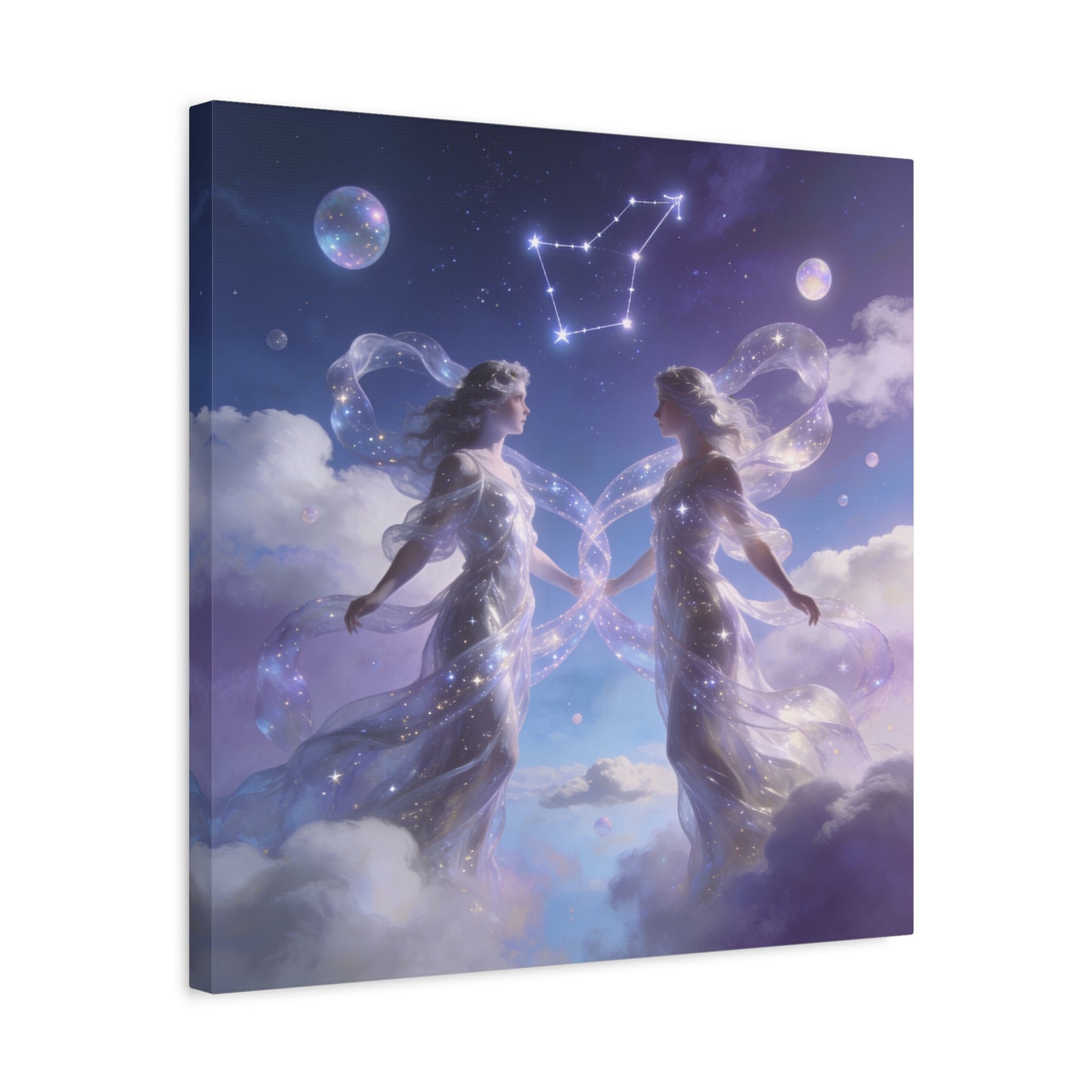Gemini Zodiac Canvas Wall Art - Celestial Twin Women Under Constellation, Dreamy Fantasy Sky Scene - Matte Cotton Art Print - Bedroom Wall Decor, Meditation Space Accent - Bedroom Home Decoration