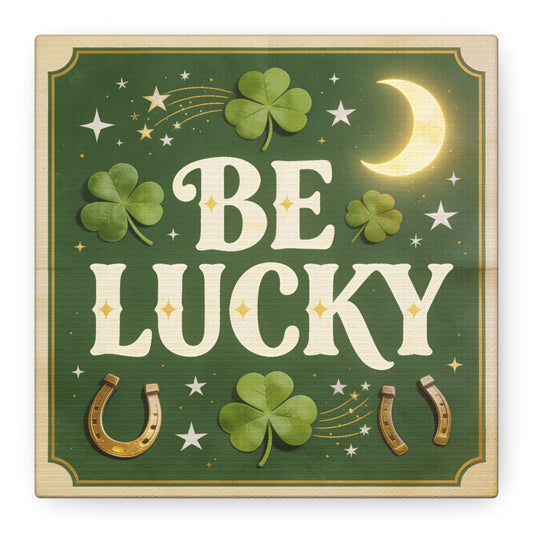 "Be Lucky" Shamrock Canvas Wall Art - Green Lucky Quote Decor, Crescent Moon, Horseshoe, Vintage Typography, St Patrick Style, Living Room Wall Decor, Bedroom Home Decoration - Bedroom Home Decoration