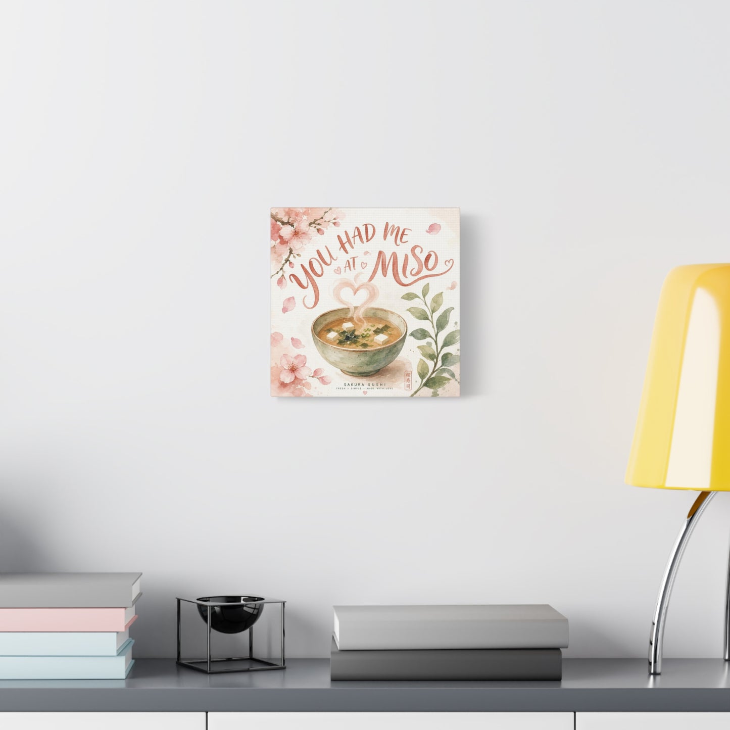 "You Had Me At Miso" Canvas Wall Art - Watercolor Soup Bowl, Cherry Blossom Typography - Japanese Food Illustration, Pink Botanical Style - Kitchen Wall Decor, Dining Room Accent - Ready to Hang