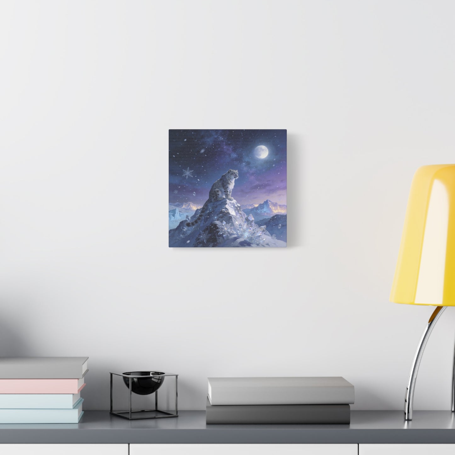 Snow Leopard Canvas Wall Art - Moonlit Arctic Crystal Landscape, Fantasy Wildlife Print - Matte Cotton Canvas - Contemporary Winter Style - Living Room Wall Decor Bedroom Home Decoration