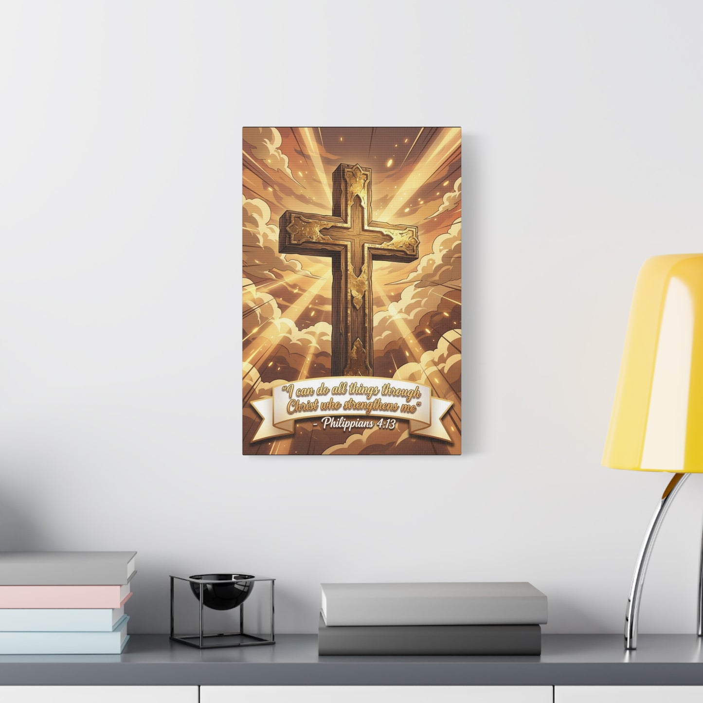"I Can Do All Things Through Christ Who Strengthens Me" Cross Canvas Wall Art - Philippians 4:13 Scripture Decor, Golden Sky Christian Home Accent, Traditional Bedroom Living Room Decoration
