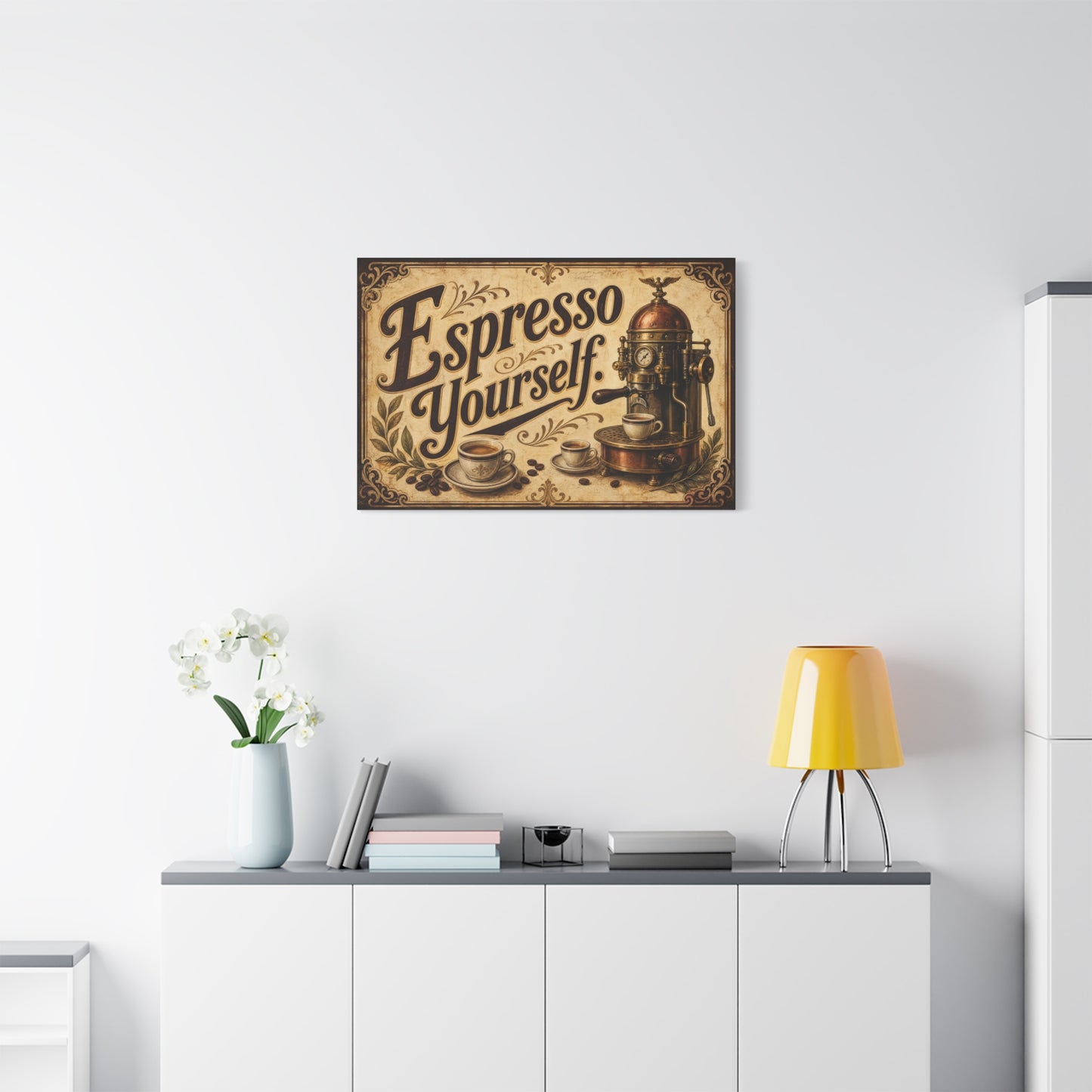"Espresso Yourself" Coffee Canvas Wall Art - Vintage Espresso Machine Decor - Rustic Cafe Style Matte Print - Ready to Hang - Ready to Hang - Coffee Shop Decor - Cafe Wall Art - Gallery Wrapped Canvas