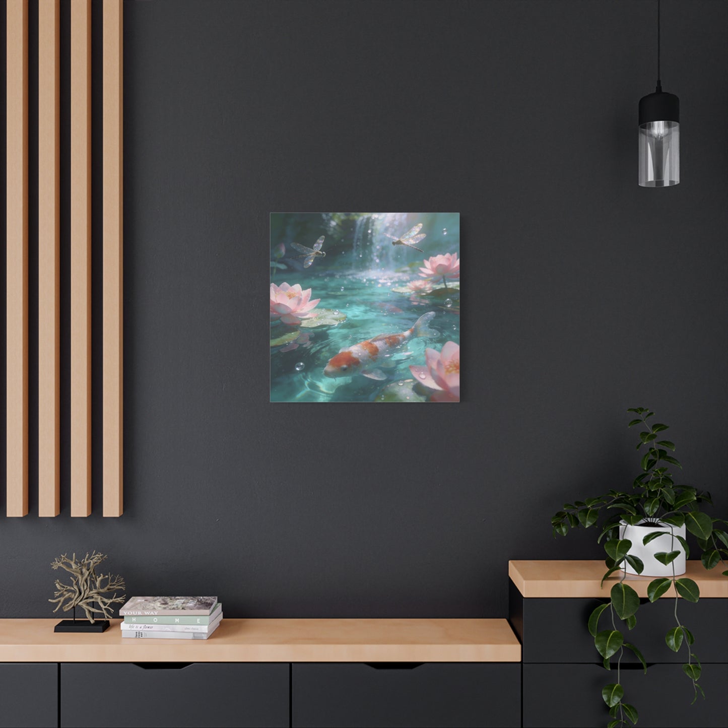 Koi Fish Lotus Canvas Wall Art - Dragonflies Over Teal Pond Water, Pink Water Lily Floral Scene - Dreamy Matte Canvas Print - Bedroom Wall Decor, Living Room Home Accent - Bedroom Home Decoration