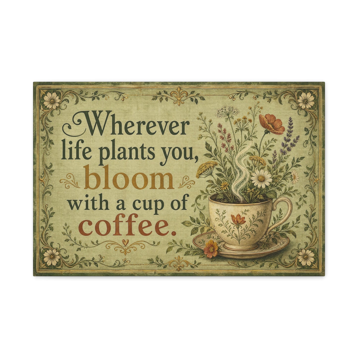 "Wherever Life Plants You, Bloom With A Cup Of Coffee." Canvas Wall Art - Vintage Floral Coffee Quote Print, Farmhouse Decor - Office Wall Art - Bistro Decor - Espresso Bar Sign - Ready to Hang