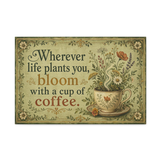 "Wherever Life Plants You, Bloom With A Cup Of Coffee." Canvas Wall Art - Vintage Floral Coffee Quote Print, Farmhouse Decor - Office Wall Art - Bistro Decor - Espresso Bar Sign - Ready to Hang