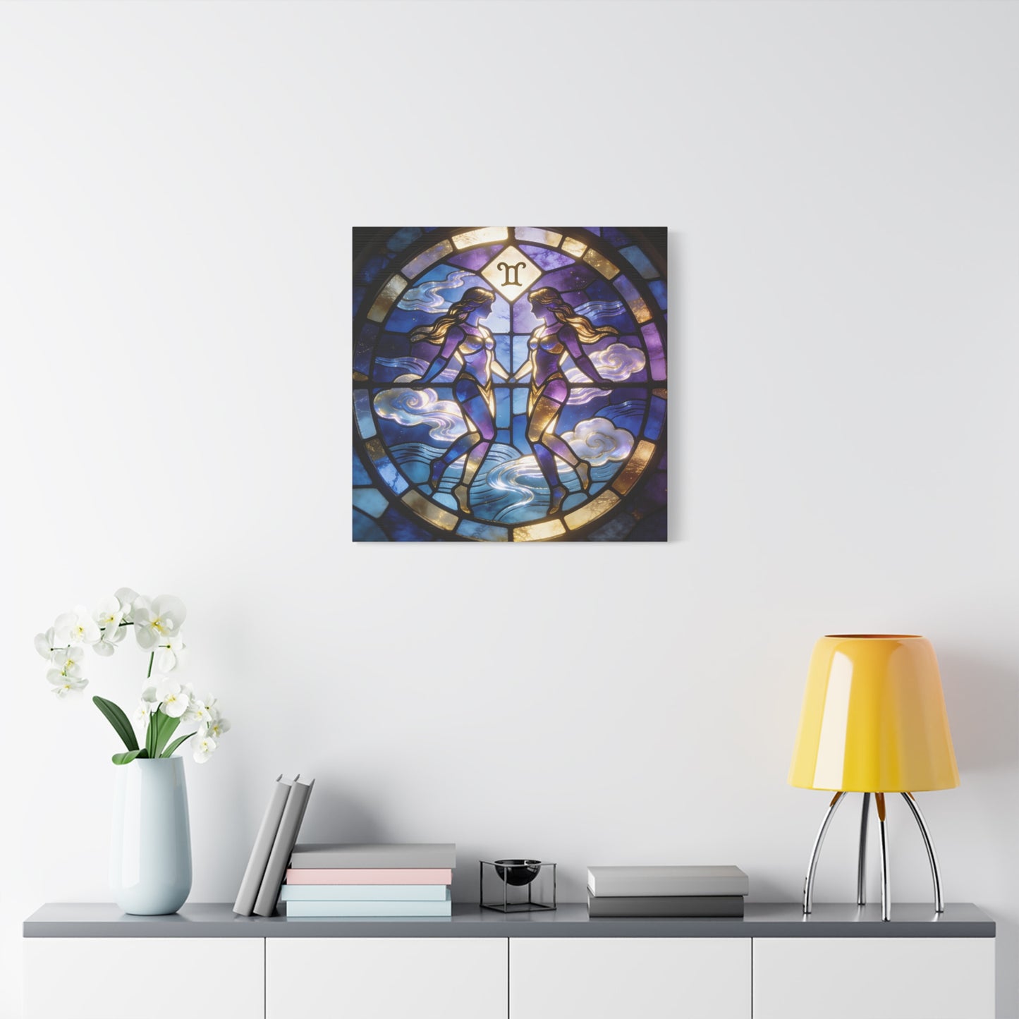 Gemini Zodiac Canvas Wall Art - Stained Glass Twin Women Celestial Print, Blue Purple Gold Astrology Decor - Modern Mystical Artwork - Bedroom Home Decoration Office Wall Art - Bedroom Home Decoration