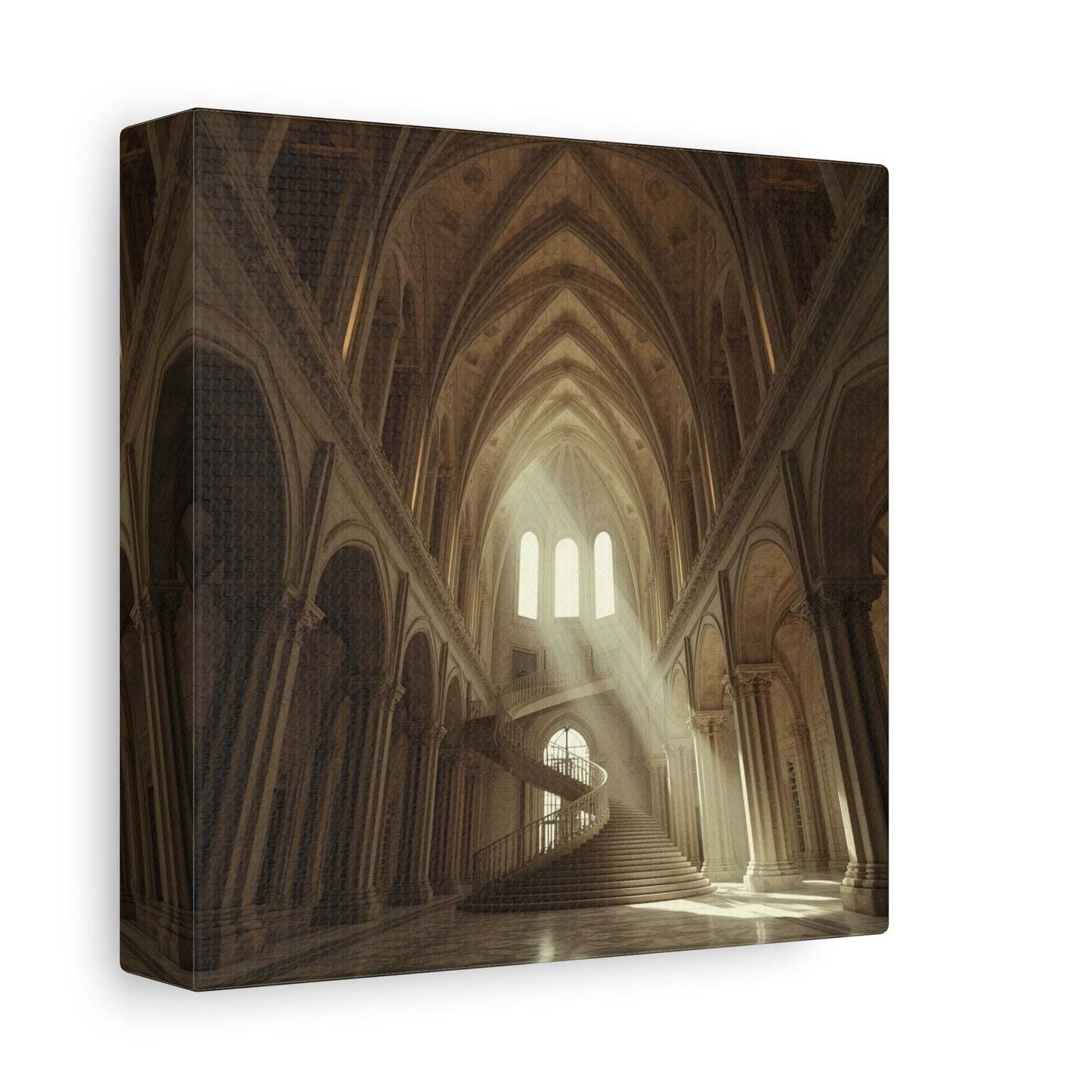 Gothic Cathedral Interior Canvas Wall Art - Sunlit Spiral Staircase, Religious Architecture Print - Matte Cotton Canvas - Traditional Style - Living Room Wall Decor, Office Art - Ready to Hang