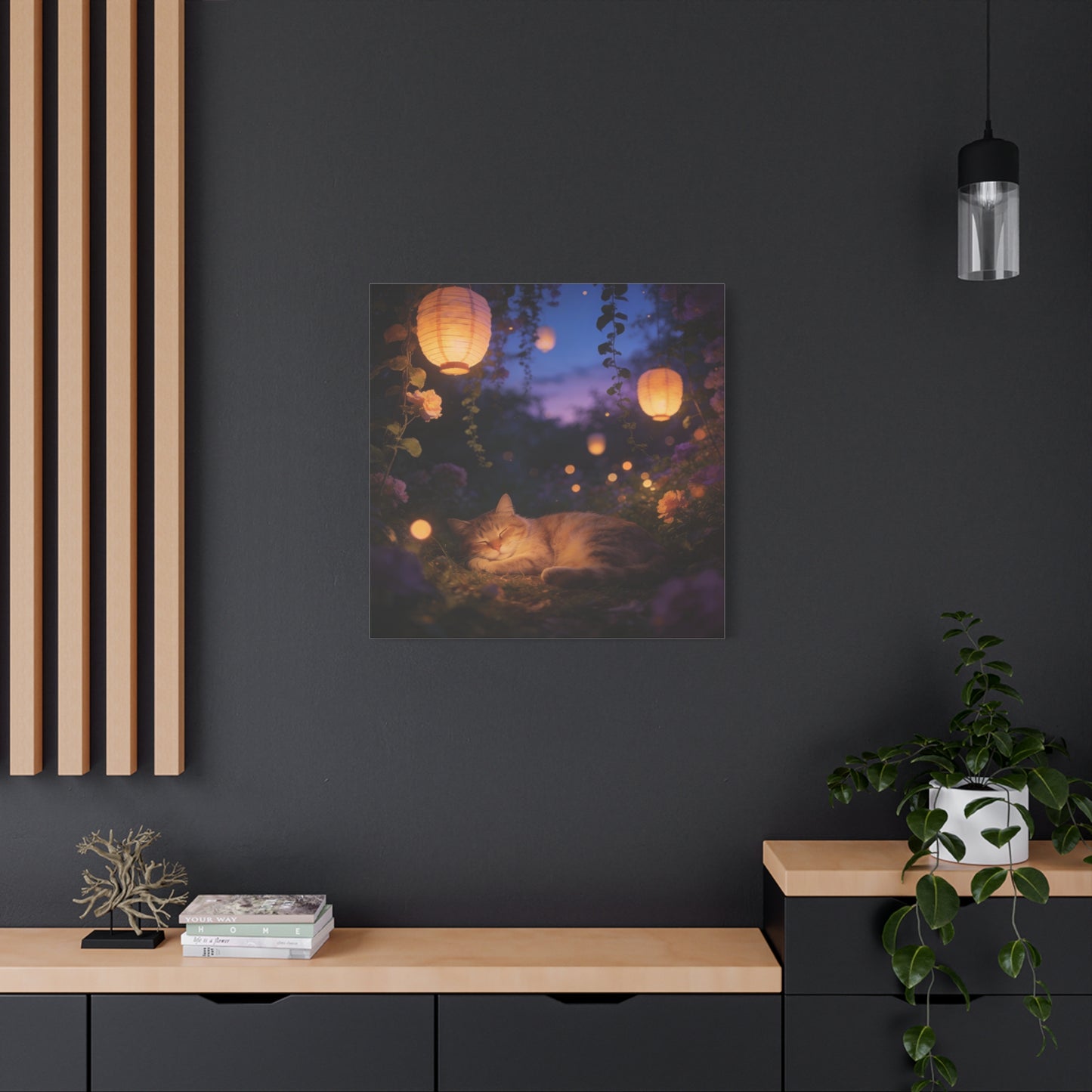 Sleeping Cat Canvas Wall Art - Lantern Lit Garden Night Scene, Dreamy Floral Canvas Print - Calming Cottagecore Style, Bedroom Wall Decor, Living Room Home Decoration - Bedroom Home Decoration