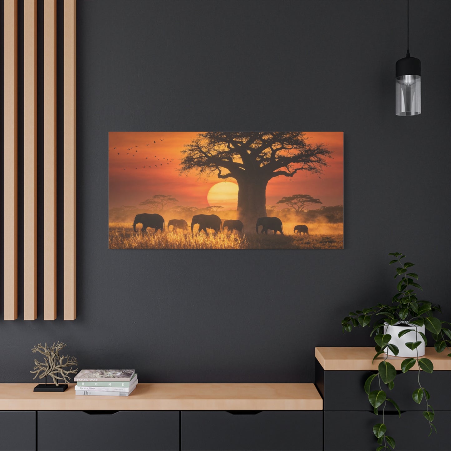 African Elephant Sunset Canvas Wall Art - Baobab Tree Safari Scene, Golden Savanna Wildlife Print - Matte Cotton Canvas, Rustic Contemporary Style - Living Room Wall Decor - Bedroom Home Decoration