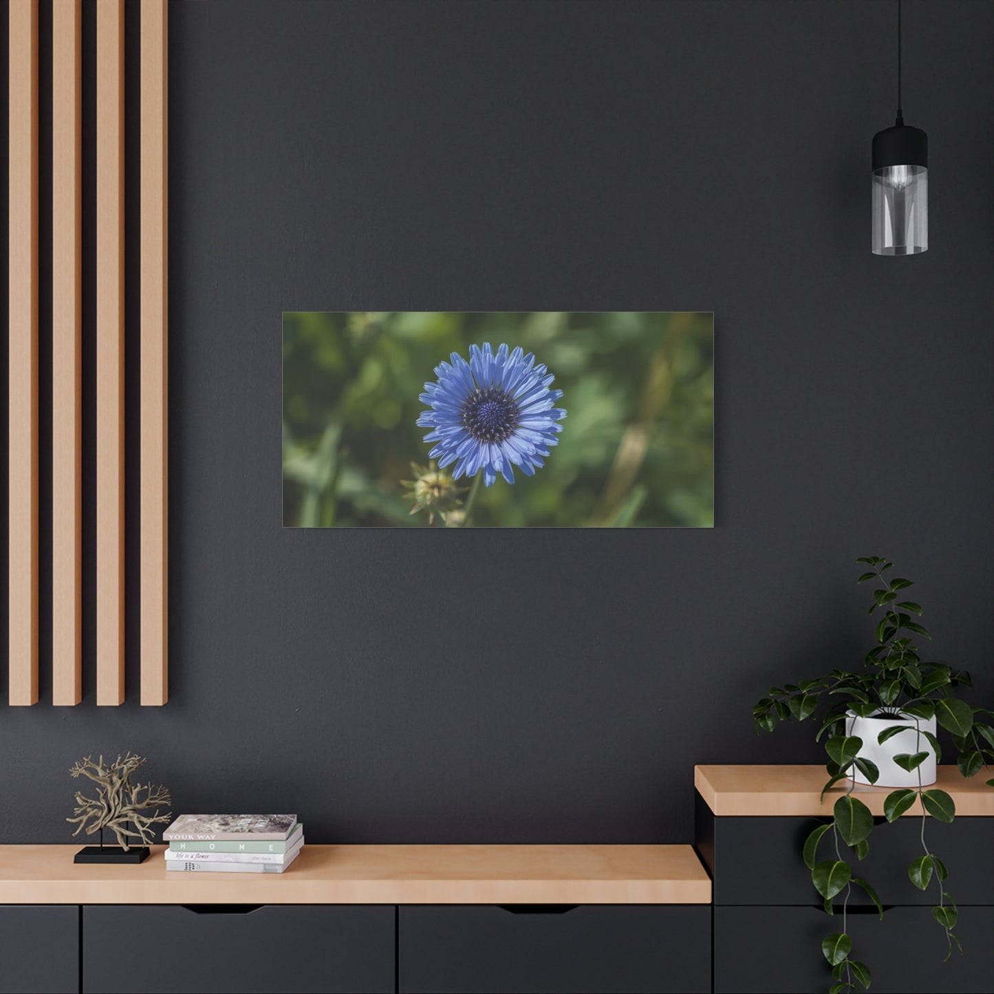 Blue Cornflower Canvas Wall Art - Botanical Flower Art Print, Green Bokeh Background - Matte Cotton Canvas - Contemporary Floral Style - Bedroom Wall Decor, Spa Accent - Modern Farmhouse Style