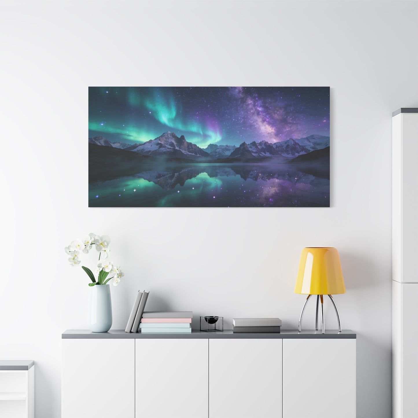 Aurora Borealis Mountain Lake Canvas Wall Art - Starry Night Sky Landscape Print, Milky Way Reflection, Contemporary Nature Decor - Living Room Wall Decor, Bedroom Home Decoration - Ready to Hang
