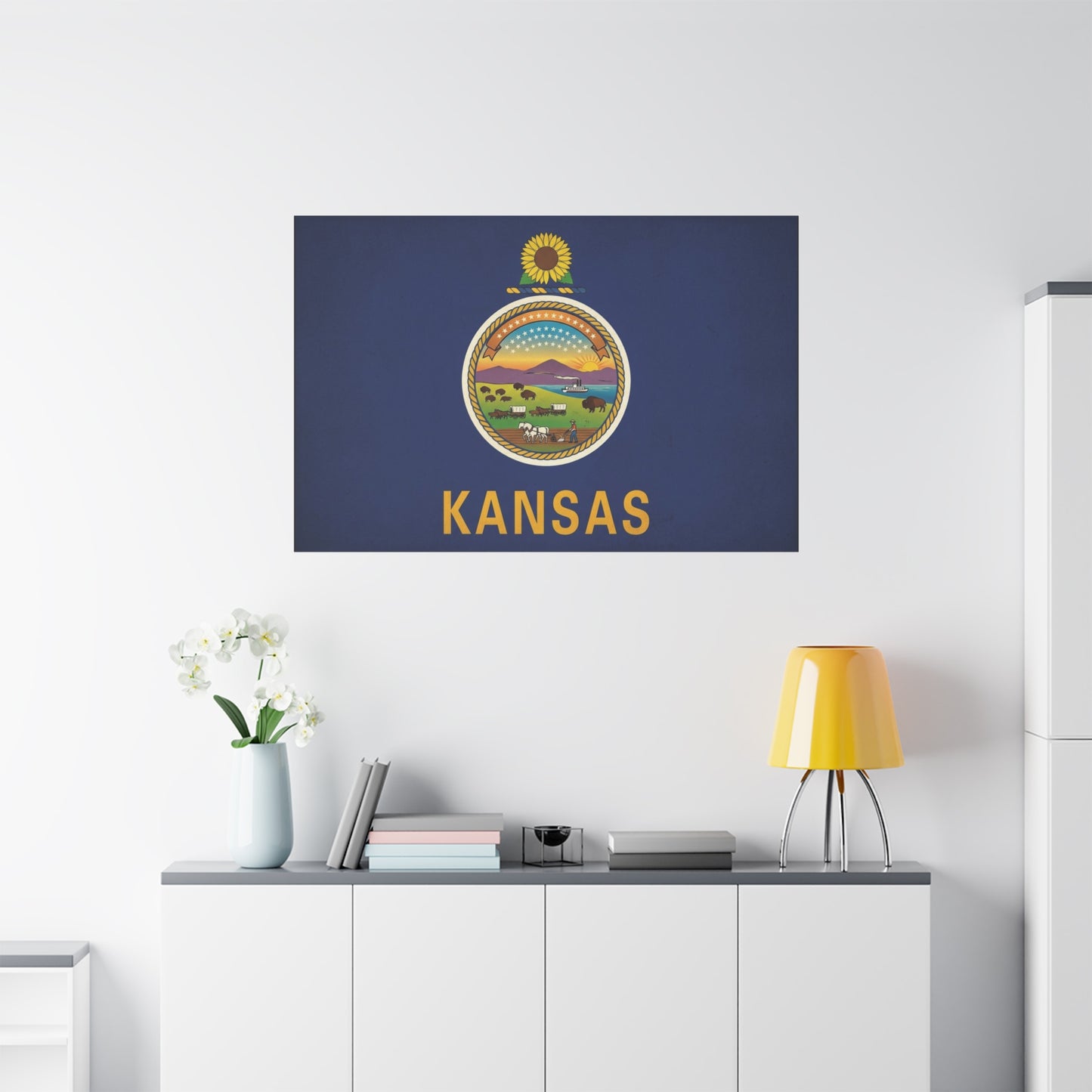 Kansas State Flag Canvas Wall Art - Sunflower Seal Prairie Buffalo Wagon Sunset Print - Vintage Blue Typography Decor - Living Room Wall Decor, Office Art, Dorm Accent - Bedroom Home Decoration