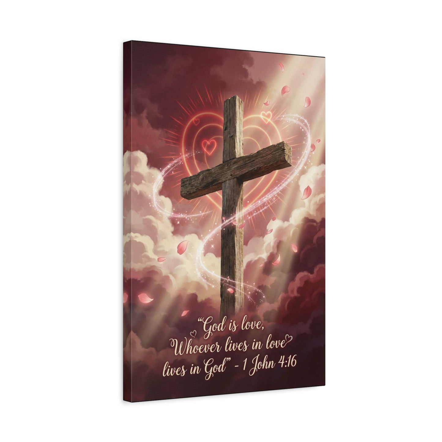 "God Is Love, Whoever Lives In Love Lives In God" Cross Canvas Wall Art - 1 John 4:16 Scripture Print, Romantic Christian Decor, Traditional Bedroom Wall Decor - Bedroom Home Decoration