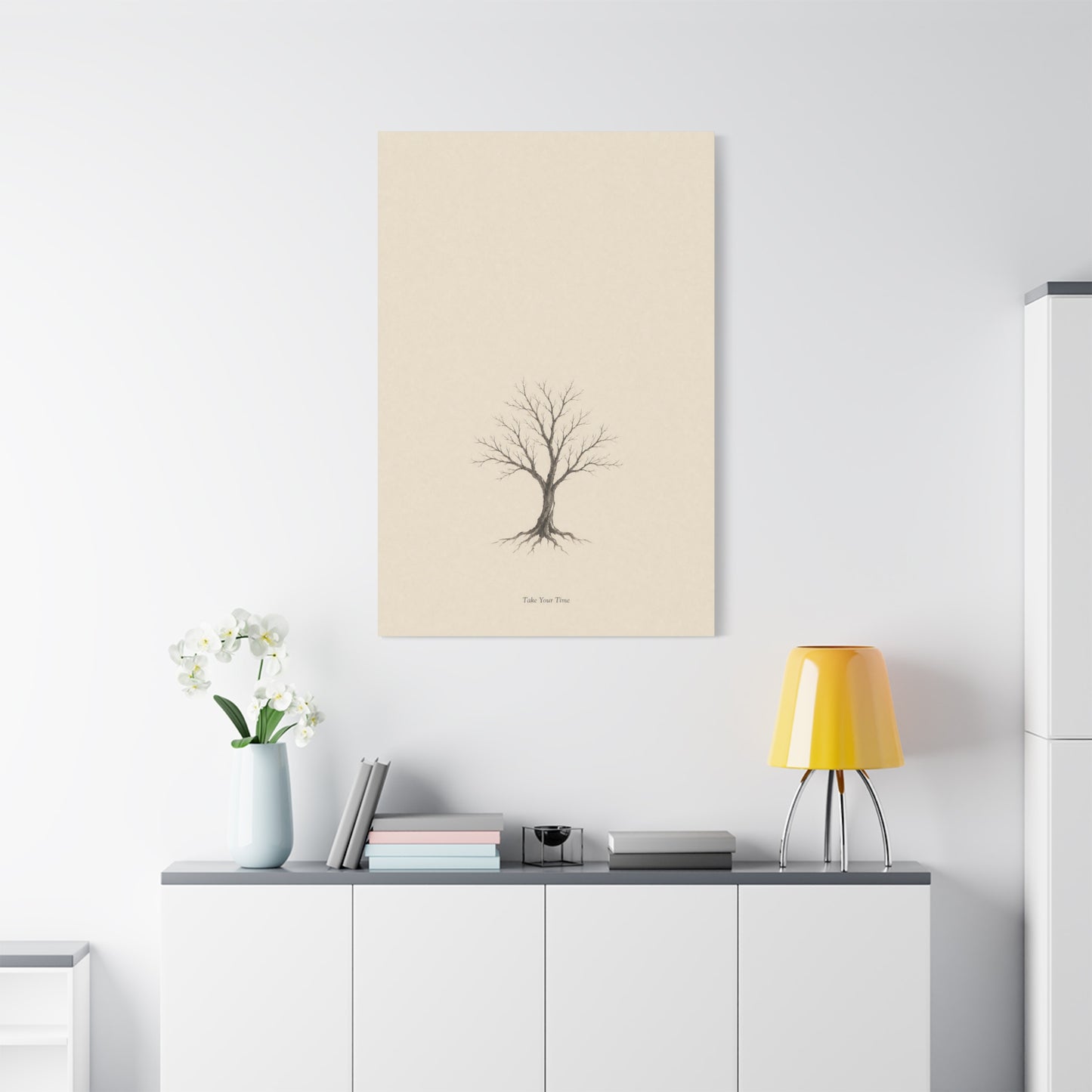 "Take Your Time" Minimalist Tree Canvas Wall Art - Neutral Botanical Print, Beige Contemporary Decor - Matte Cotton Artwork - Bedroom Home Decoration - Living Room Wall Decor - Bedroom Home Decoration