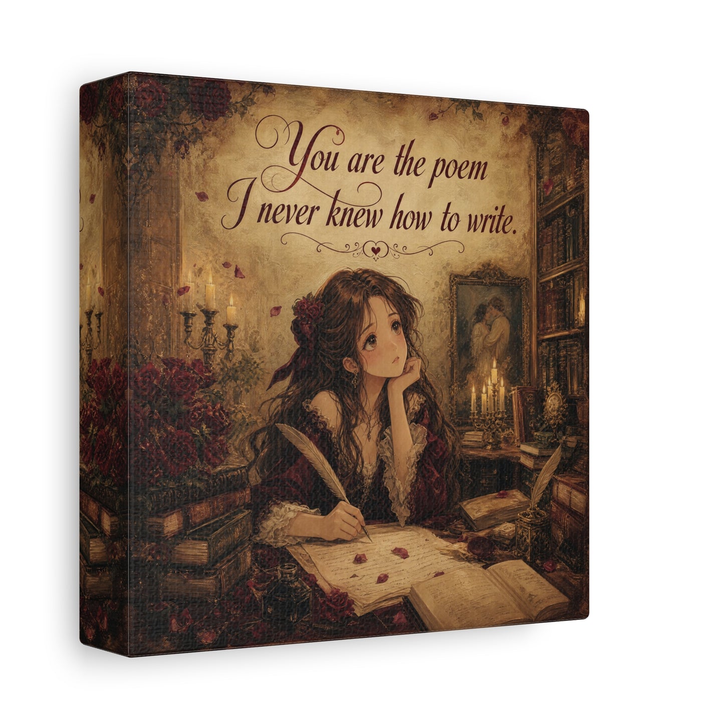 "You Are The Poem I Never Knew How To Write" Quote Canvas Wall Art - Romantic Gothic Library Girl Illustration - Vintage Brown Decor - Bedroom Wall Hanging, Teenager Room Decor - Ready to Hang