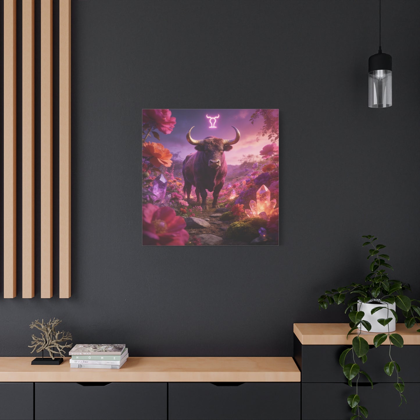 Taurus Zodiac Bull Canvas Wall Art - Neon Taurus Symbol, Floral Crystal Fantasy Print - Dreamy Purple Pink Celestial Decor - Bedroom Home Decoration, Bohemian Living Room Accent - Office Wall Art
