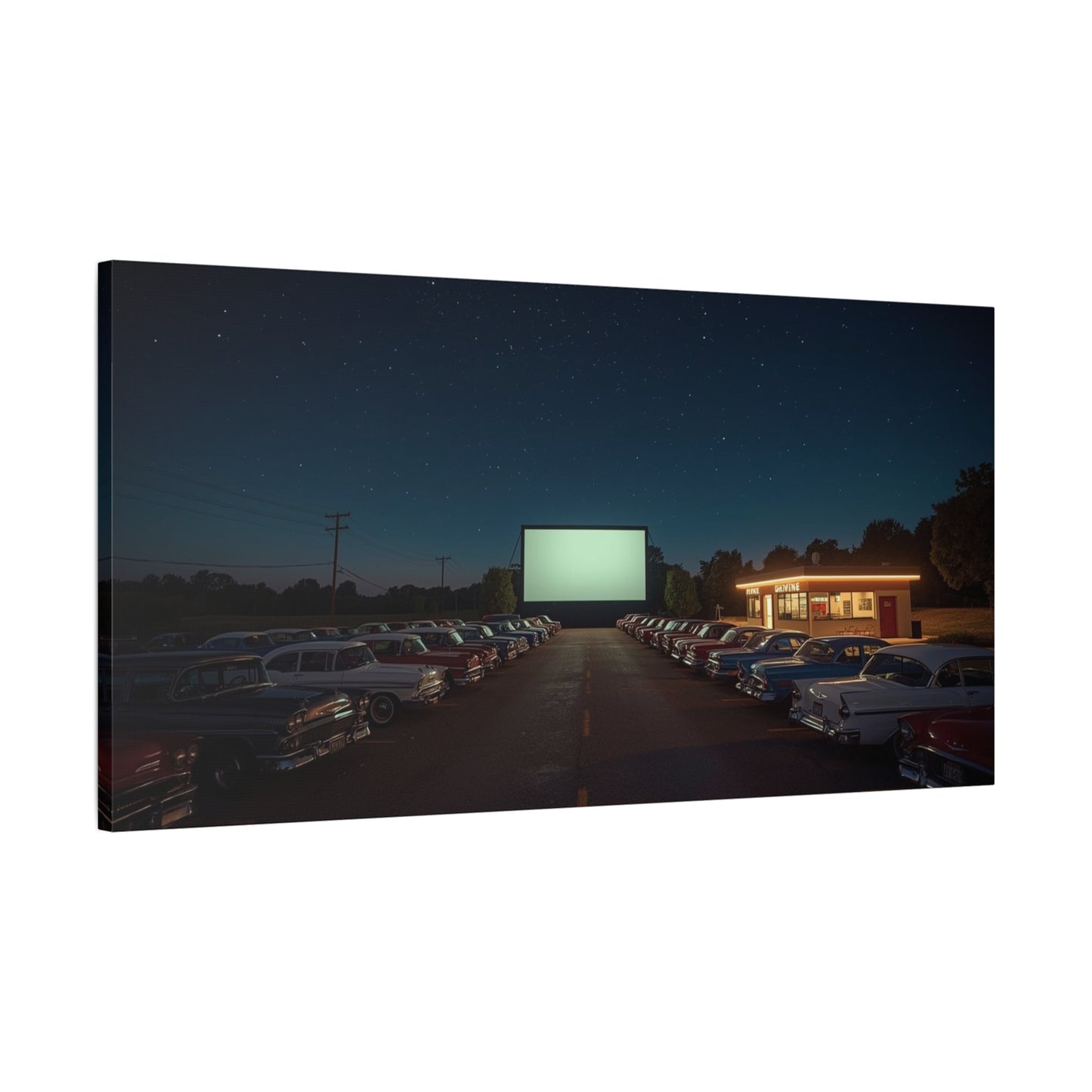 Vintage Drive-In Theater Canvas Wall Art - Starry Night Cinema Parking Lot, Retro Americana Art Print - Moody Contemporary Style - Living Room Wall Decor, Office Art - Bedroom Home Decoration