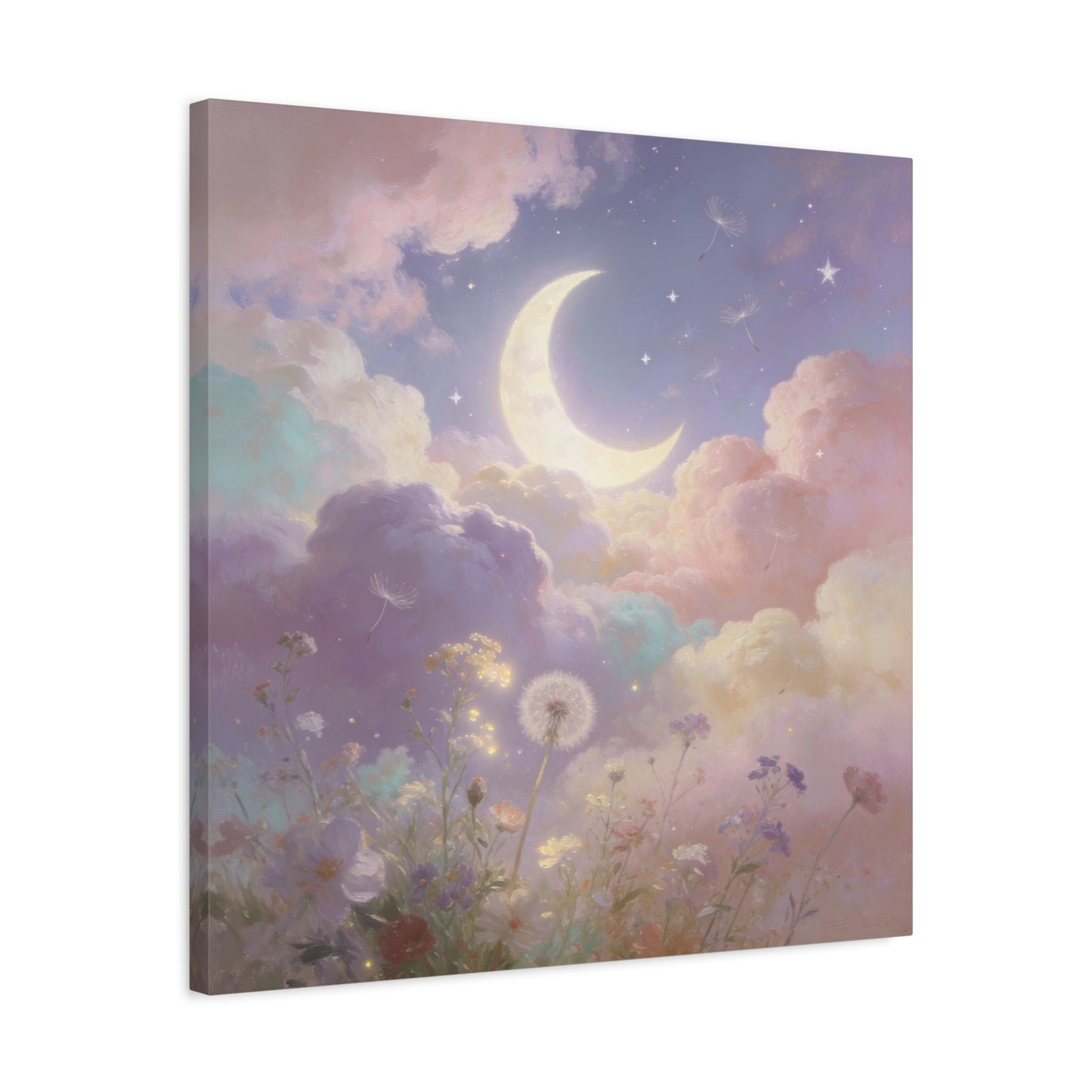 Crescent Moon Canvas Art Print - Dreamy Pastel Clouds, Dandelion Sky, Celestial Floral Scene - Cotton Matte Artwork - Lavender Nursery Accent, Bedroom Decoration, Meditation Space Decor