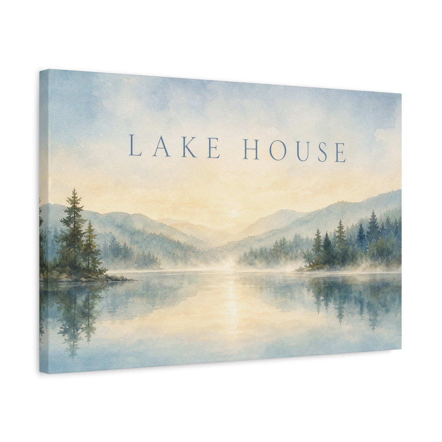 "Lake House" Canvas Wall Art - Misty Mountain Watercolor Landscape Print, Serene Cabin Decor, Rustic Retreat Wall Hanging, Bedroom Home Decoration, Entryway Accent, Vacation Rental Style