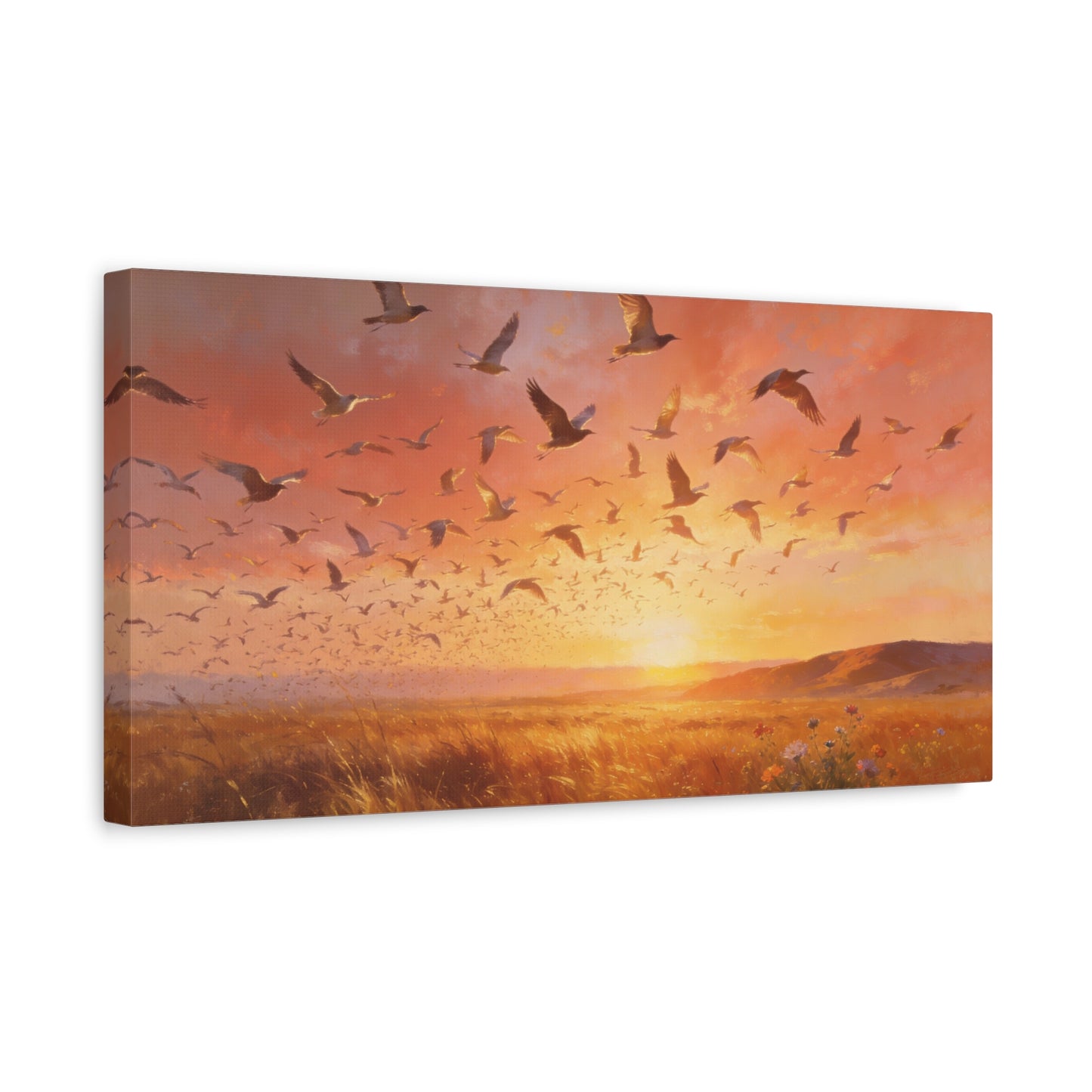 Flock Of Seabirds Canvas Wall Art - Sunset Meadow Landscape Print, Warm Golden Sky, Painterly Nature Scene - Contemporary Style - Living Room Wall Decor Bedroom Decoration - Bedroom Home Decoration