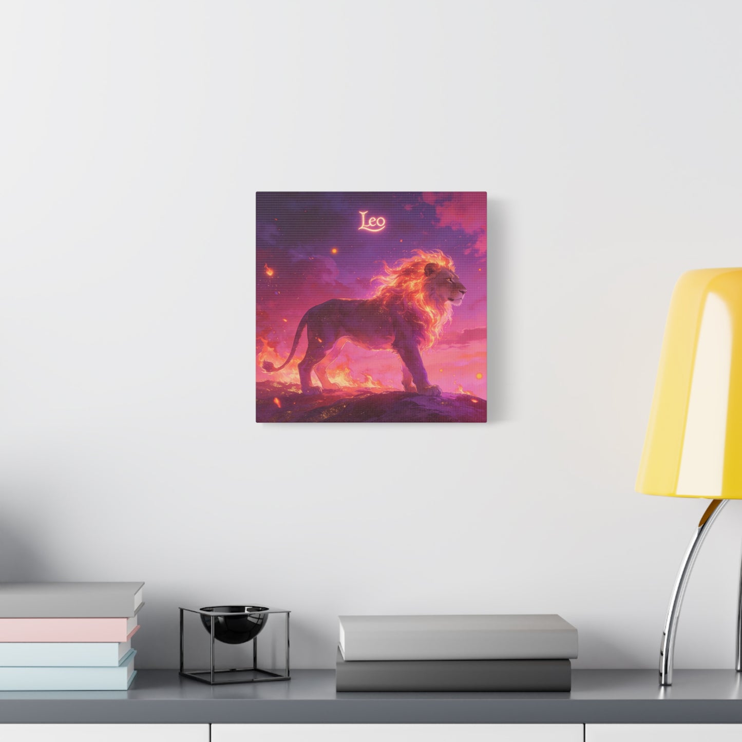 "Leo" Lion Canvas Wall Art - Fiery Zodiac Illustration, Purple Pink Sky, Matte Finish Canvas Print - Modern Astrology Decor, Bedroom Home Decoration, Office Wall Art Accent - Bedroom Home Decoration