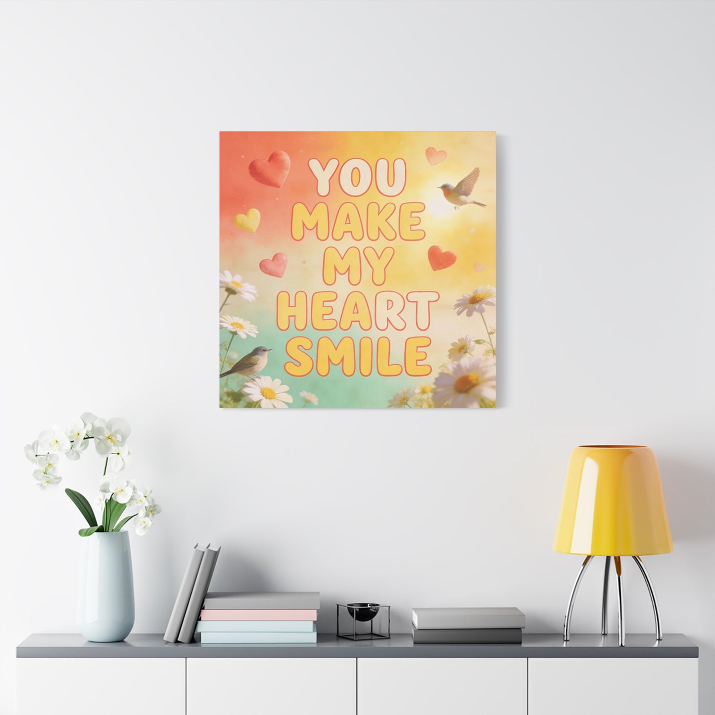 "You Make My Heart Smile" Inspirational Canvas Wall Art - Daisy And Songbird Quote Print, Pastel Typography Decor, Cheerful Bedroom Wall Hanging, Nursery Home Accent - Bedroom Home Decoration