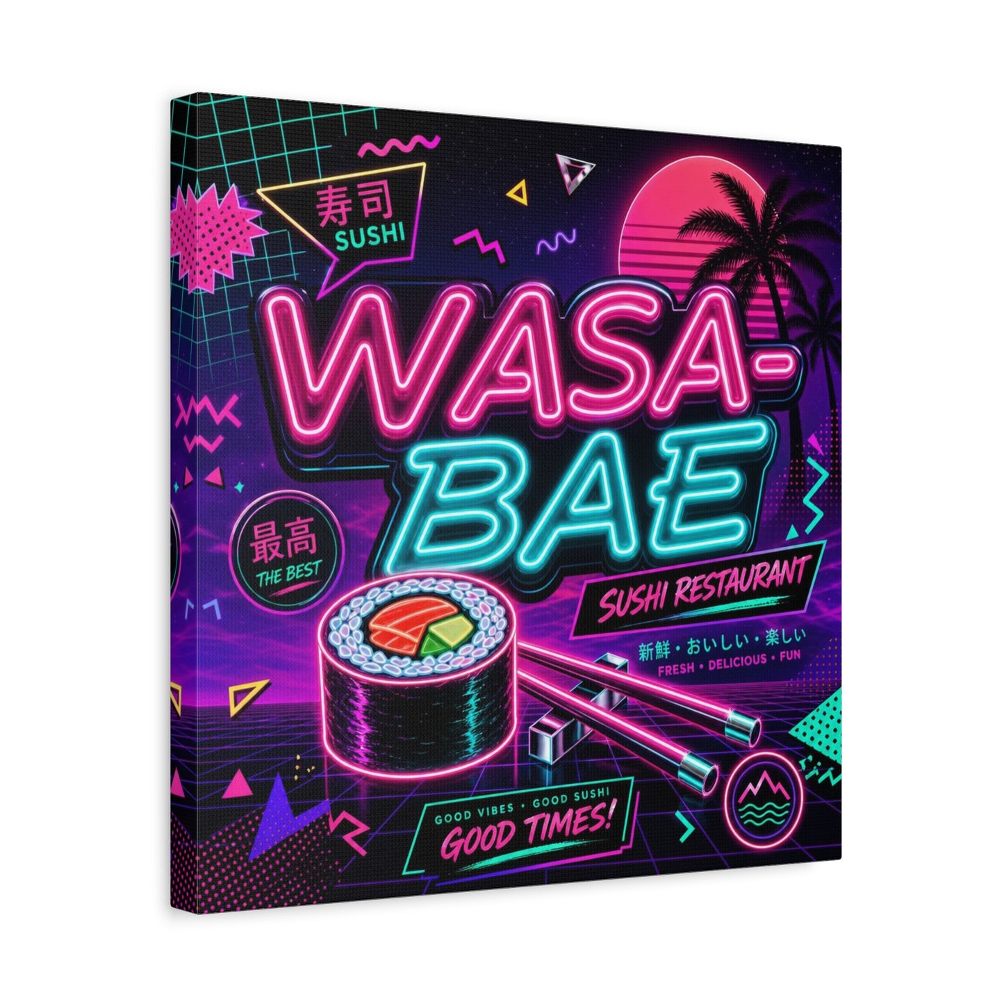 "WASA-BAE" Sushi Canvas Print - Neon Japanese Restaurant Sign, Retro Vaporwave Illustration - Matte Cotton Decor, Cafe Wall Accent, Dining Space Artwork, Lounge Interior Style - Office Wall Art