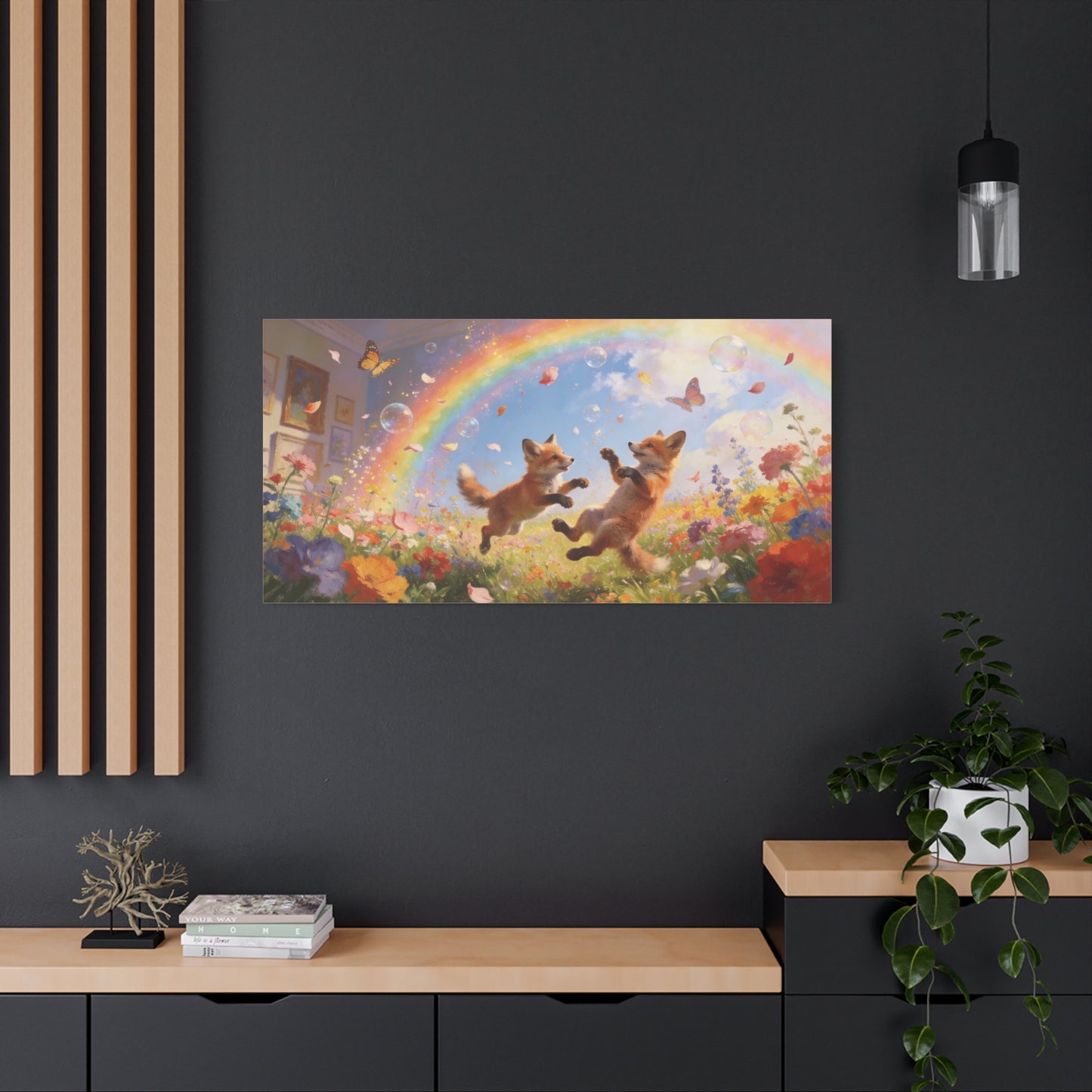 Fox Cub Canvas Wall Art - Whimsical Rainbow Meadow Painting, Butterflies And Wildflowers - Matte Canvas Print - Bohemian Nursery Wall Hanging, Bedroom Home Decoration Accent - Bedroom Home Decoration