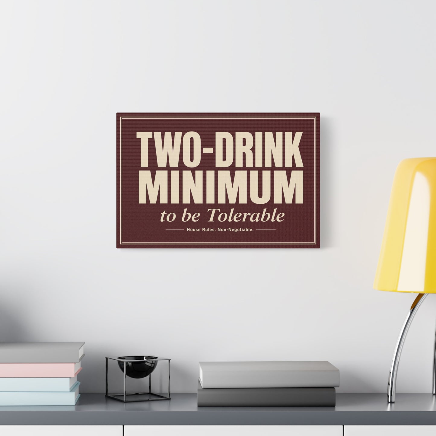 "TWO-DRINK MINIMUM to be Tolerable" Funny Typography Canvas Wall Art - Vintage Bar Quote Decor, Retro Humor Sign, Burgundy Cream Wall Hanging - Ready to Hang - Cocktail Lounge Decor - HP Latex Print