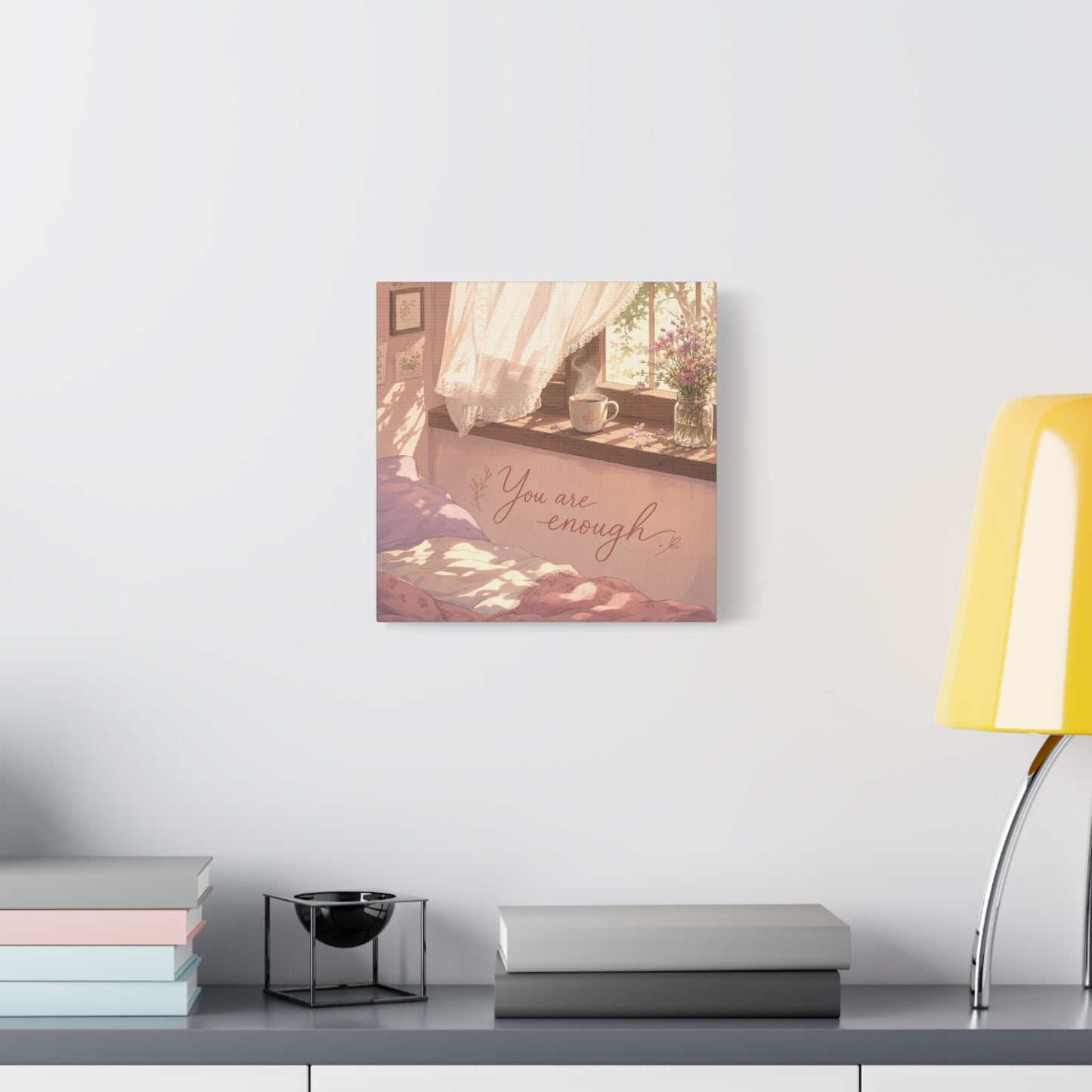 "You Are Enough" Inspirational Canvas Wall Art - Sunlit Bedroom Window Flowers, Cozy Pink Cottagecore Decor - Matte Affirmation Print - Bedroom Home Decoration, Teen Room Accent - Office Wall Art