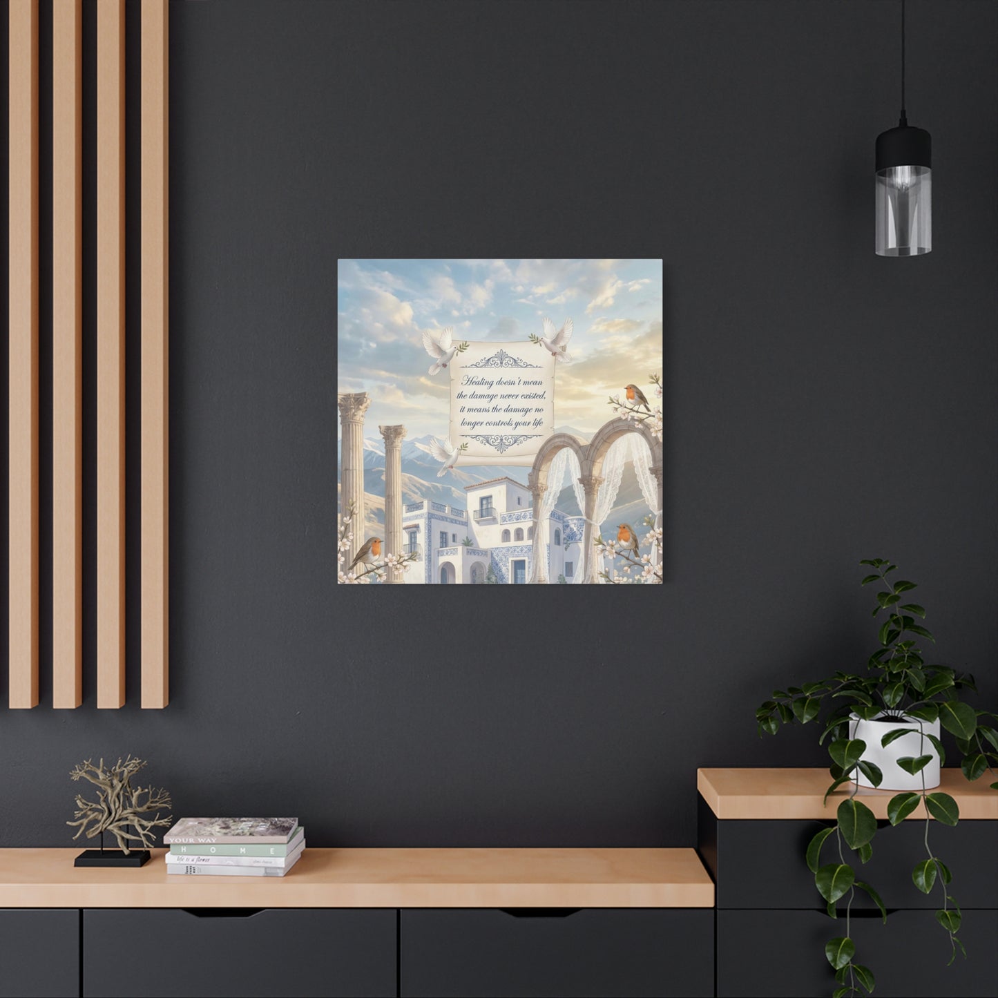 "The Damage No Longer Controls Your Life" Inspirational Canvas Wall Art - Doves, Robins, Classical Arches, Mountain Villa Quote Print - Matte Finish Canvas - Bedroom Home Decoration, Meditation Space