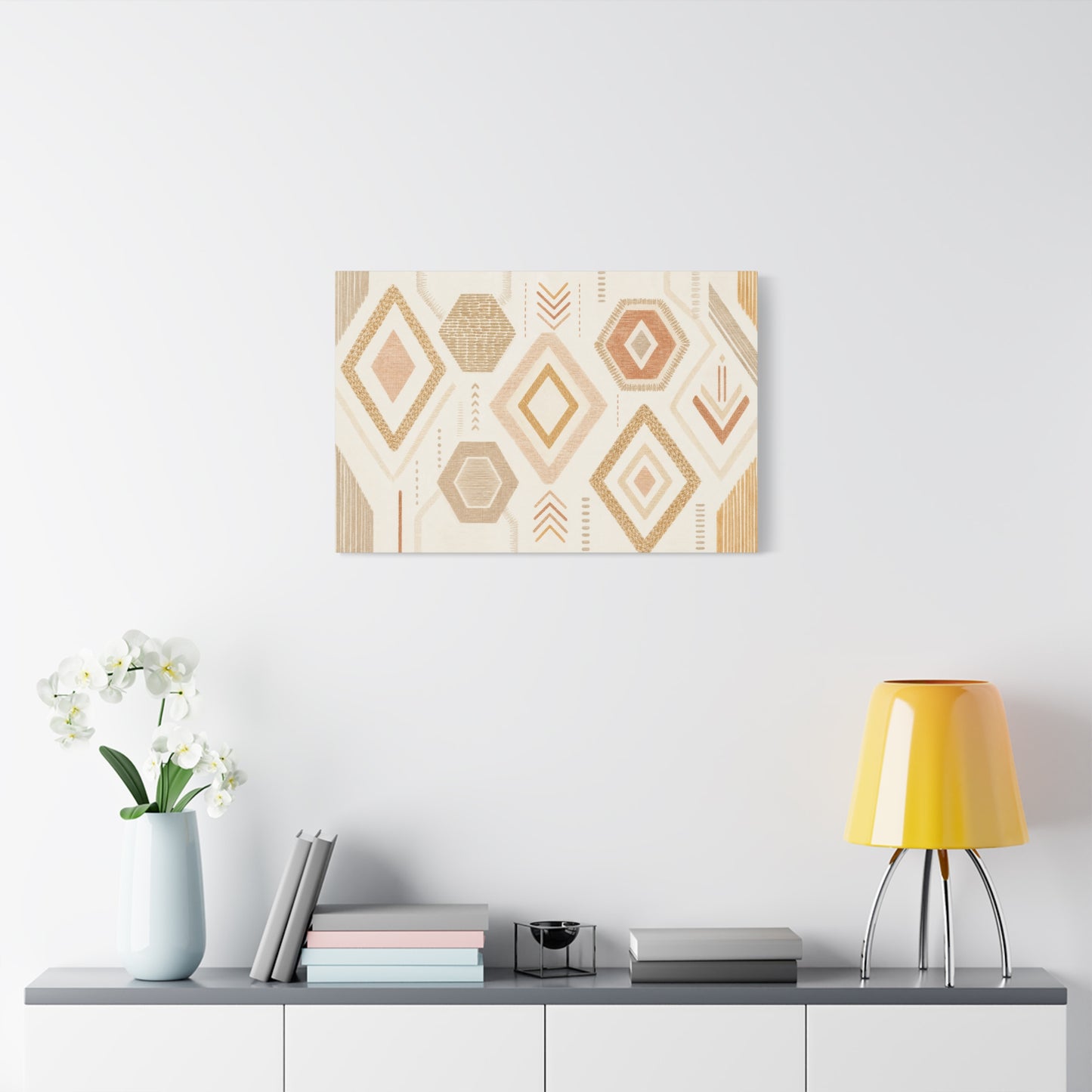 Neutral Geometric Canvas Wall Art - Boho Diamond And Hexagon Abstract Pattern - Beige Terracotta Modern Decor - Minimalist Living Room Decoration, Bedroom Accent, Contemporary Office Style