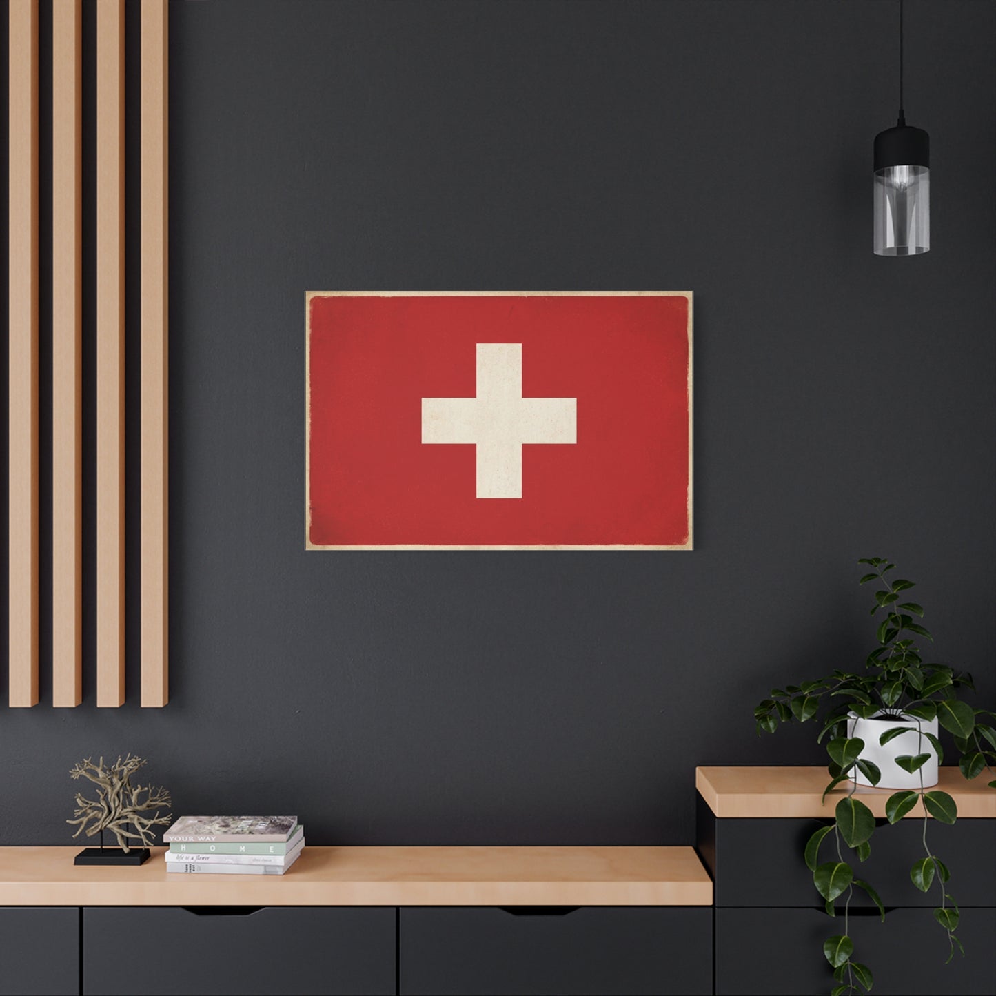 Swiss Flag Canvas Wall Art - Vintage Red White Cross Print, Patriotic Minimalist Decor - Rustic Travel Style - Living Room Wall Decor, Office Art - Bedroom Home Decoration - Bedroom Home Decoration