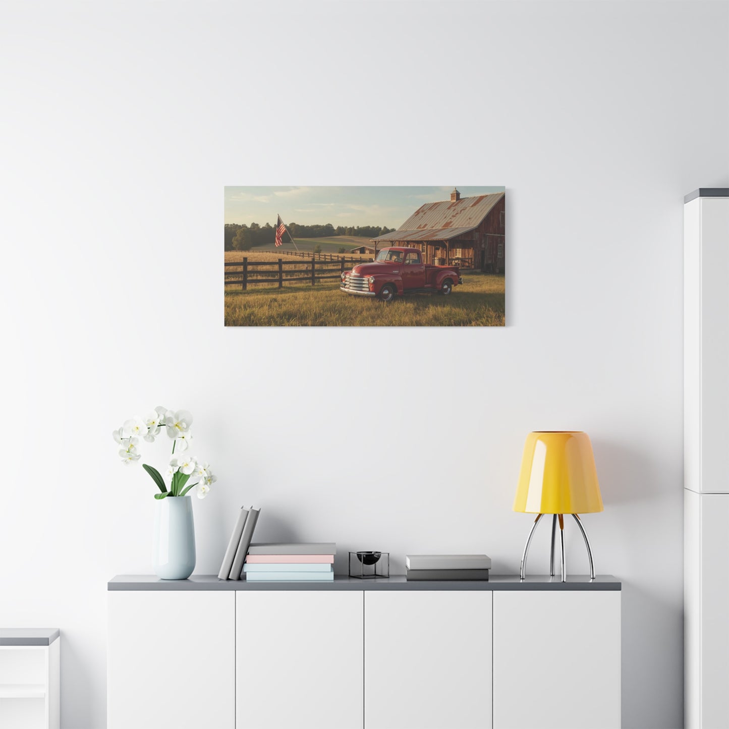 Red Vintage Pickup Truck Canvas Wall Art - Rustic Barn, American Flag Farm Landscape - Country Art Print, Traditional Style - Living Room Wall Decor, Office Art Accent - Modern Farmhouse Style