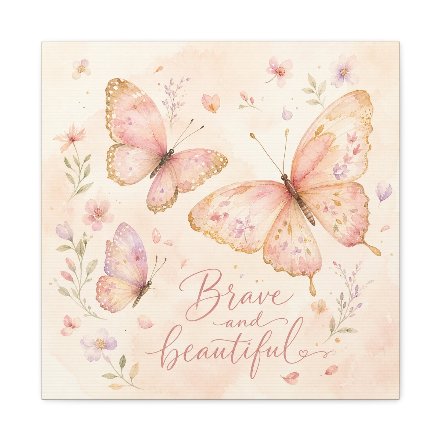 "Brave And Beautiful" Butterfly Canvas Wall Art - Pink Floral Watercolor Quote Print - Inspirational Girls Bedroom Decor - Nursery Wall Hanging - Bedroom Home Decoration - Modern Farmhouse Style