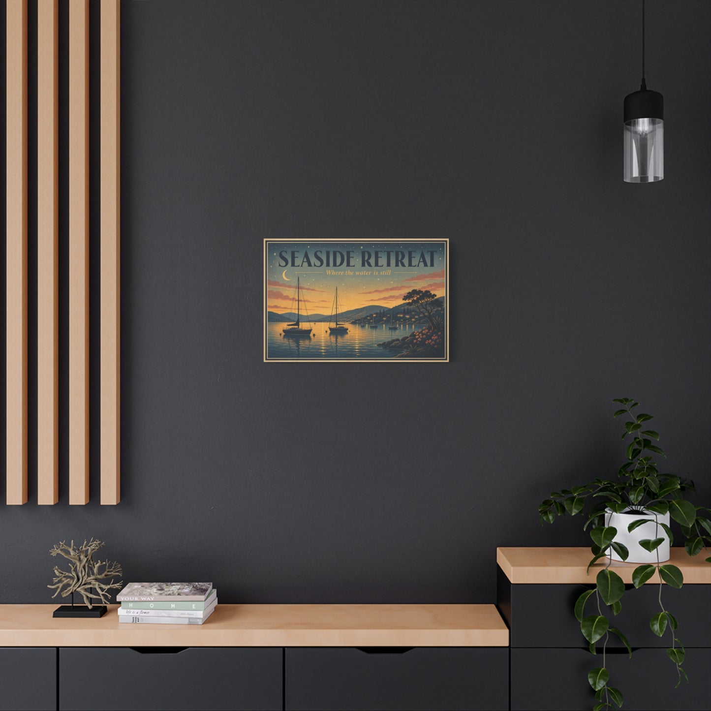 "Seaside Retreat Where The Water Is Still" Coastal Canvas Wall Art - Vintage Sailboat Harbor Sunset Print, Nautical Seascape Decor - Living Room Bedroom Wall Decor - Ready to Hang - Ready to Hang