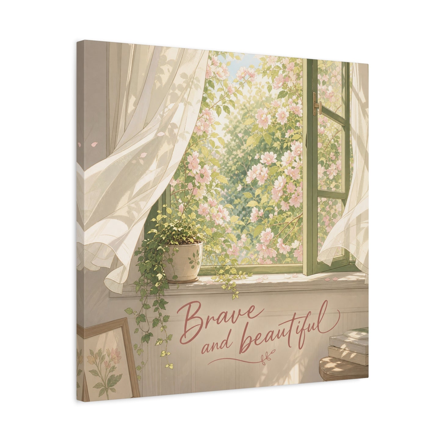 "Brave And Beautiful" Inspirational Canvas Wall Art - Open Window Pink Blossoms, Sheer Curtains, Botanical Quote Print - Soft Vintage Style - Bedroom Wall Decor, Living Room Accent - Ready to Hang
