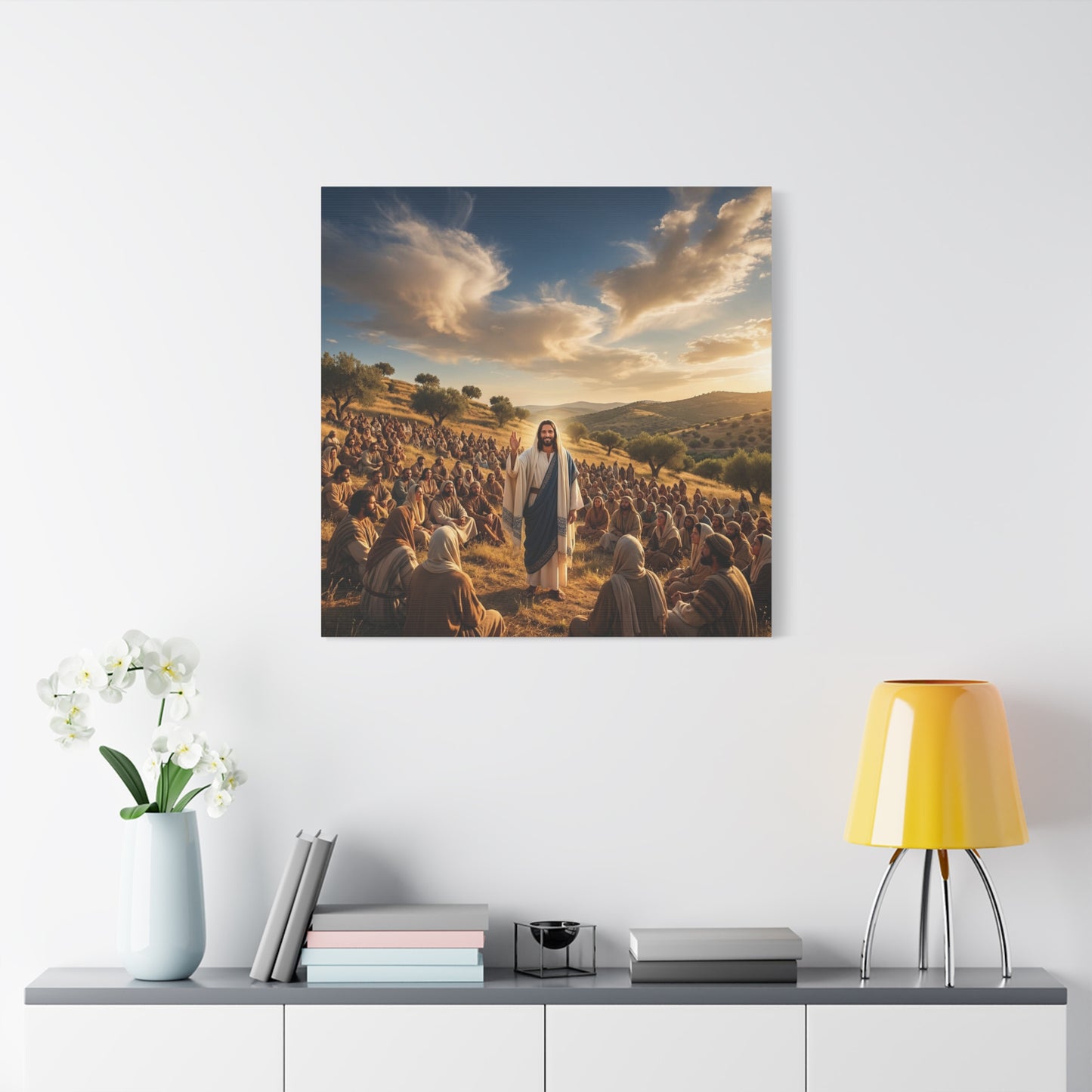 Jesus Teaching Multitude Canvas Wall Art - Biblical Hillside Sermon Scene, Christian Wall Decor - Matte Cotton Print, Traditional Style - Living Room Home Decoration, Office Art - Ready to Hang