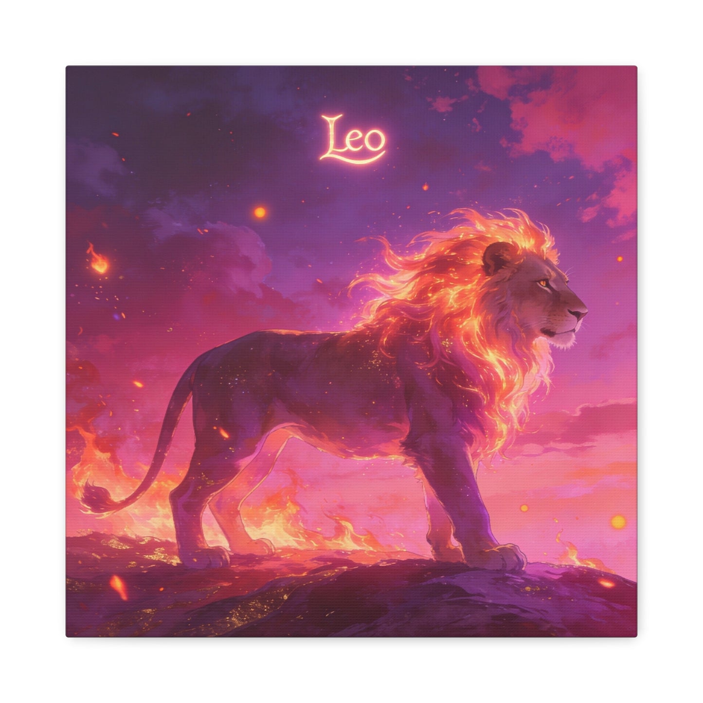 "Leo" Lion Canvas Wall Art - Fiery Zodiac Illustration, Purple Pink Sky, Matte Finish Canvas Print - Modern Astrology Decor, Bedroom Home Decoration, Office Wall Art Accent - Bedroom Home Decoration
