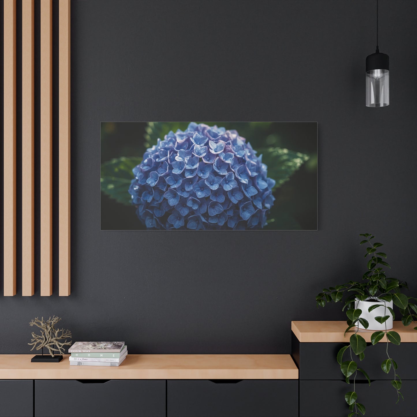 Blue Hydrangea Canvas Wall Art - Botanical Floral Close Up Art Print - Matte Cotton Art Print, Moody Garden Style - Bedroom Wall Decor, Bathroom Accent, Spa Inspired Home Decoration - Ready to Hang