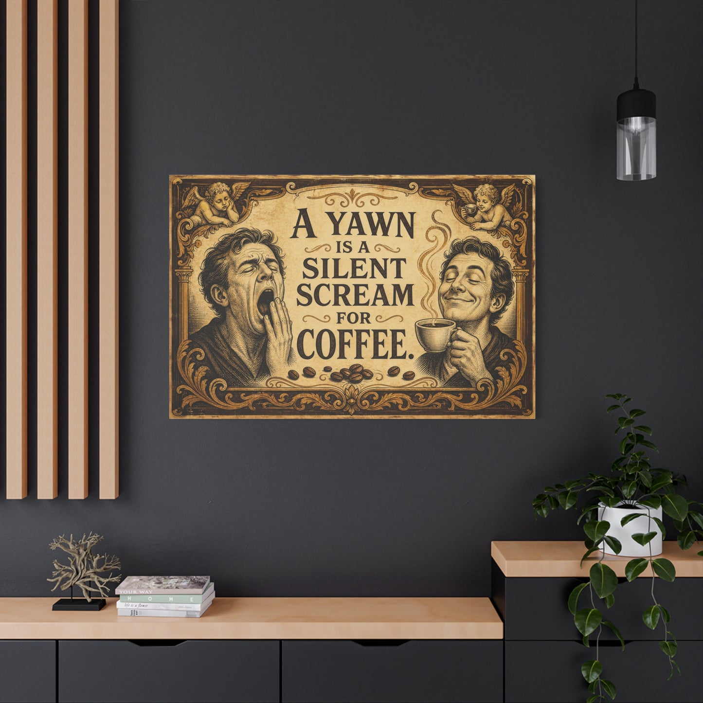 "A Yawn Is A Silent Scream For Coffee" Funny Coffee Canvas Wall Art - Vintage Cherub Quote Print, Sepia Cafe Style, Office Humor - Cafe Wall Art - Bistro Decor - Espresso Bar Sign - Ready to Hang