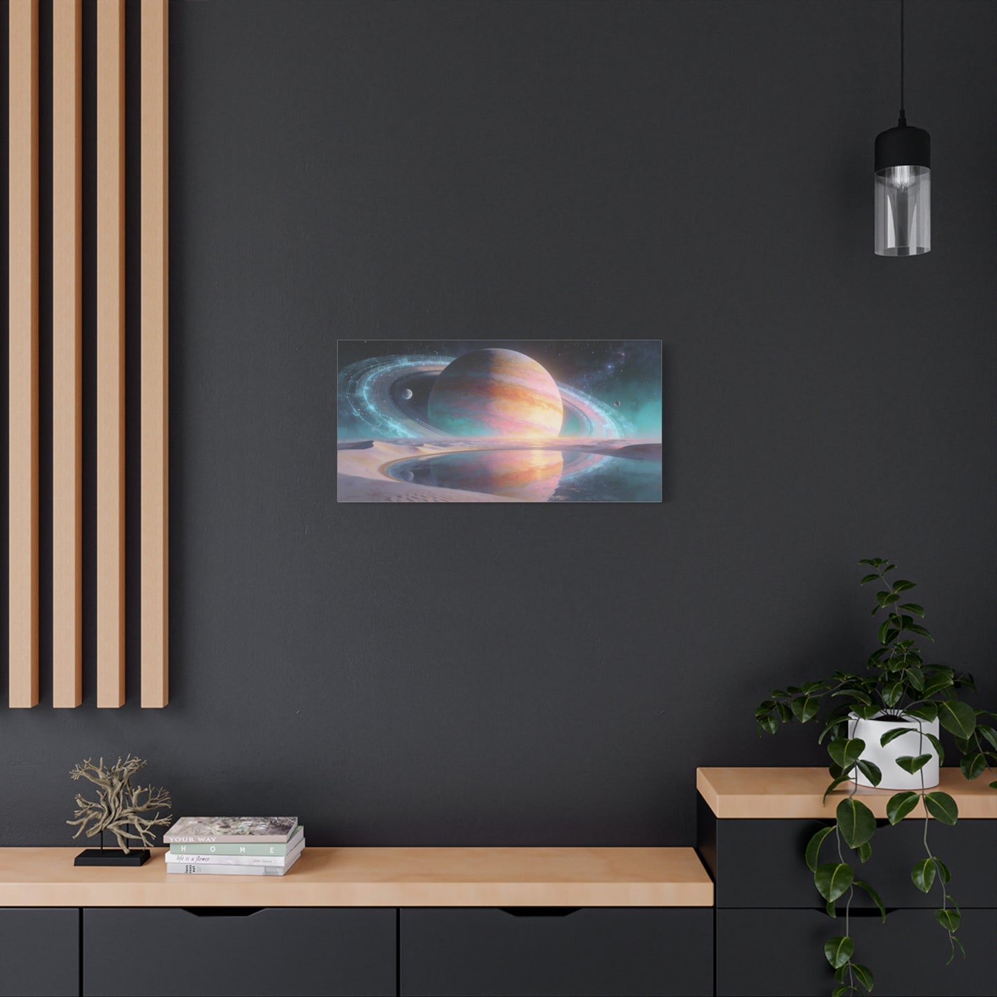 Ringed Planet Canvas Wall Art - Pastel Space Landscape, Celestial Desert Lake Reflection - Contemporary Surreal Canvas Print - Living Room Wall Decor, Bedroom Home Decoration - Bedroom Home Decoration
