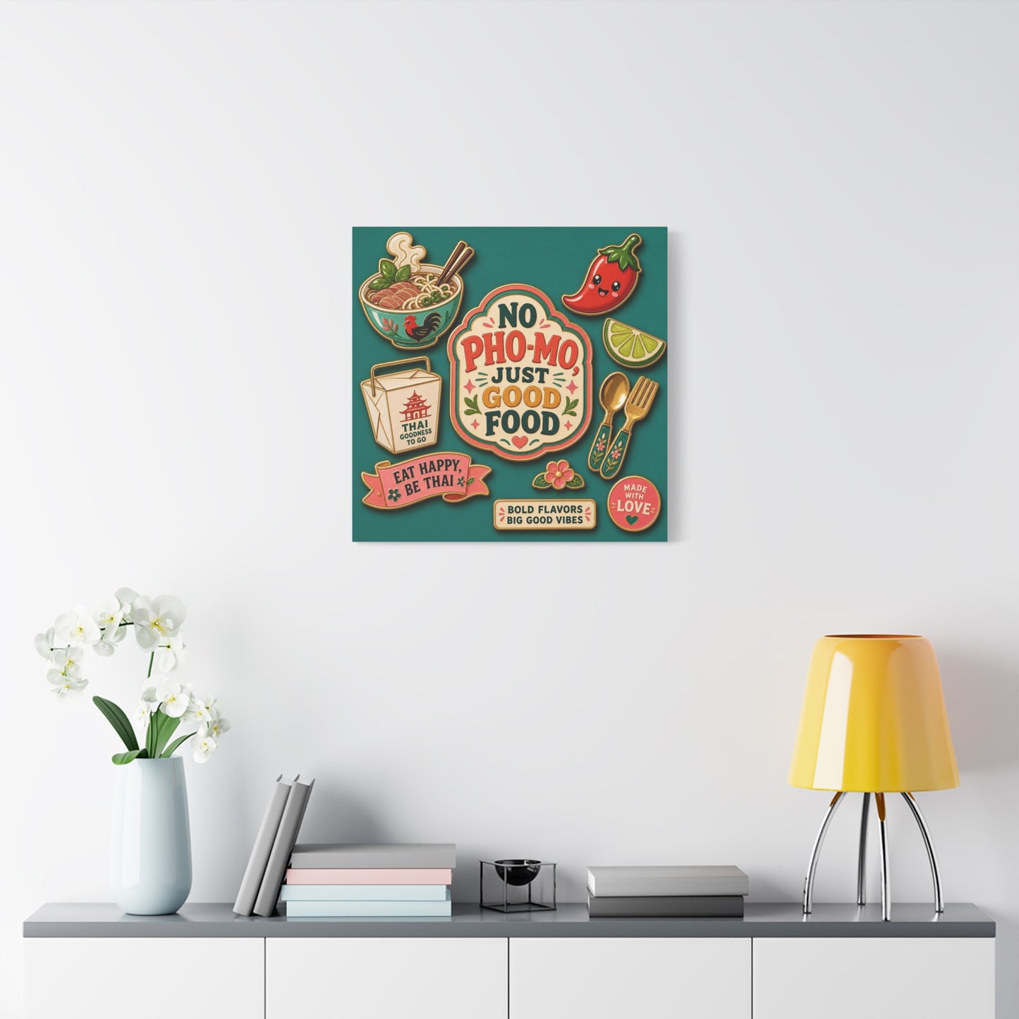 "No Pho-Mo Just Good Food" Canvas Wall Art - Thai Food Quote Kitchen Decor - Colorful Illustration Print, Retro Typography Style - Dining Room Accent, Cafe Wall Decor - Bedroom Home Decoration
